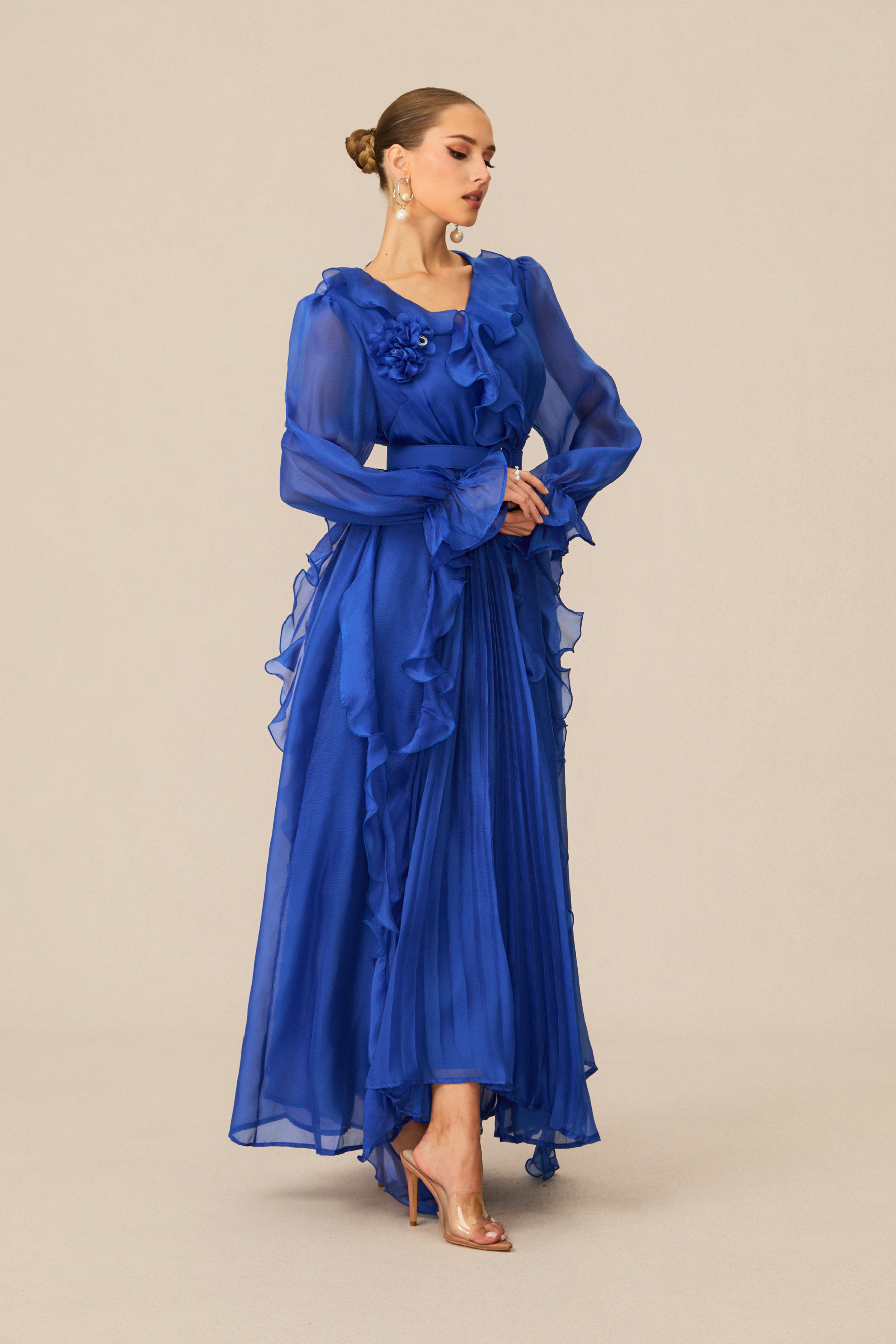 Dreamy Cobalt Blue Ruffle Trim Maxi Dress