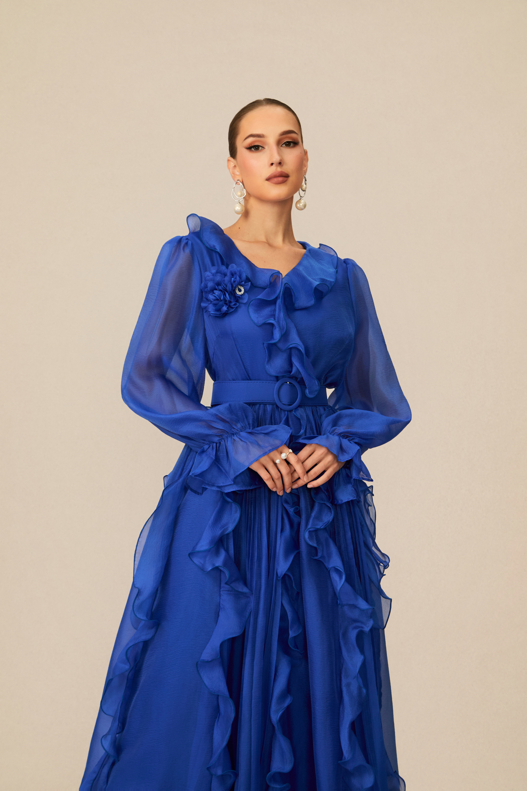 Dreamy Cobalt Blue Ruffle Trim Maxi Dress