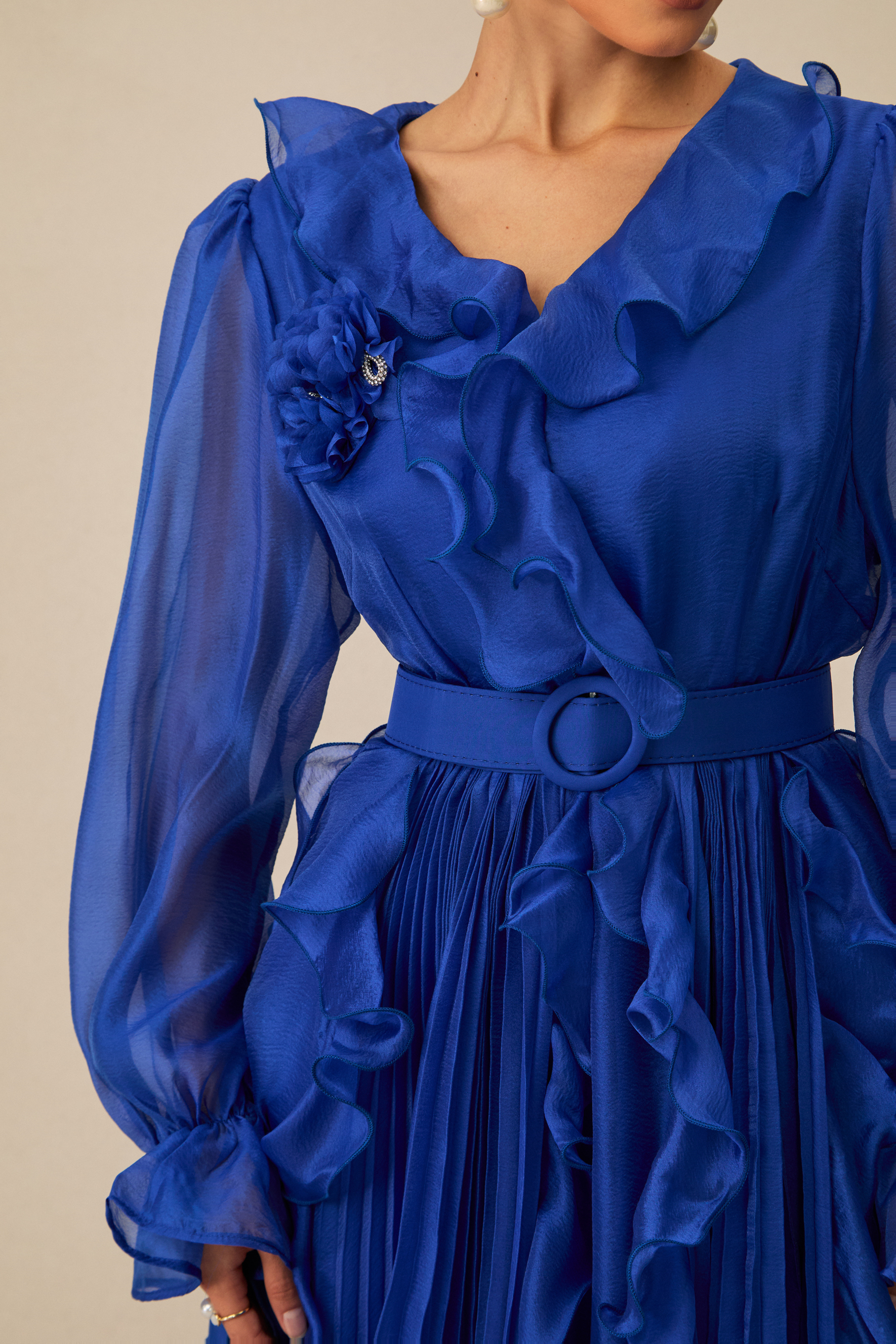 Dreamy Cobalt Blue Ruffle Trim Maxi Dress