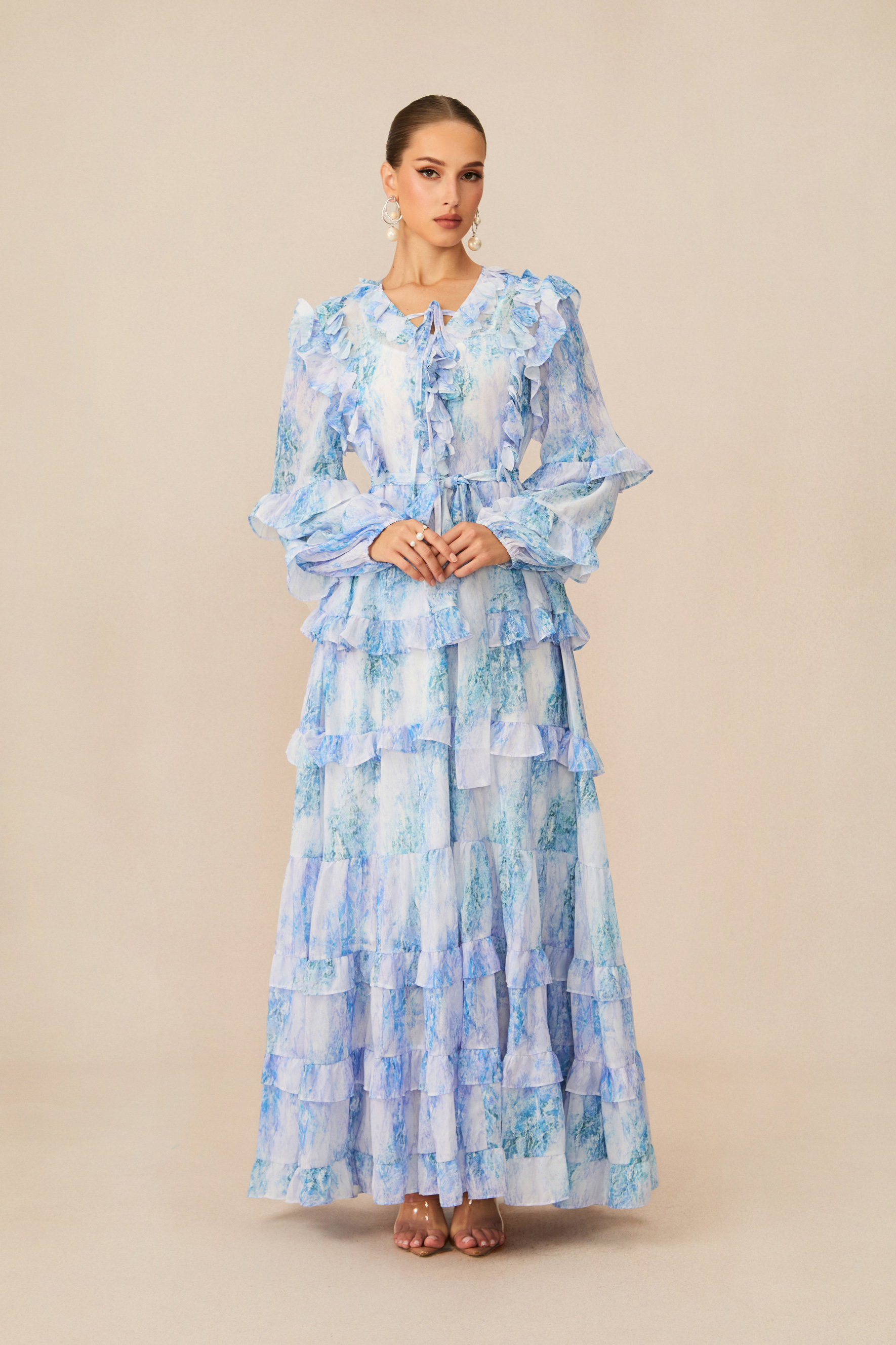 Divinely Blooming Blue Floral Print Ruffled Maxi Dress