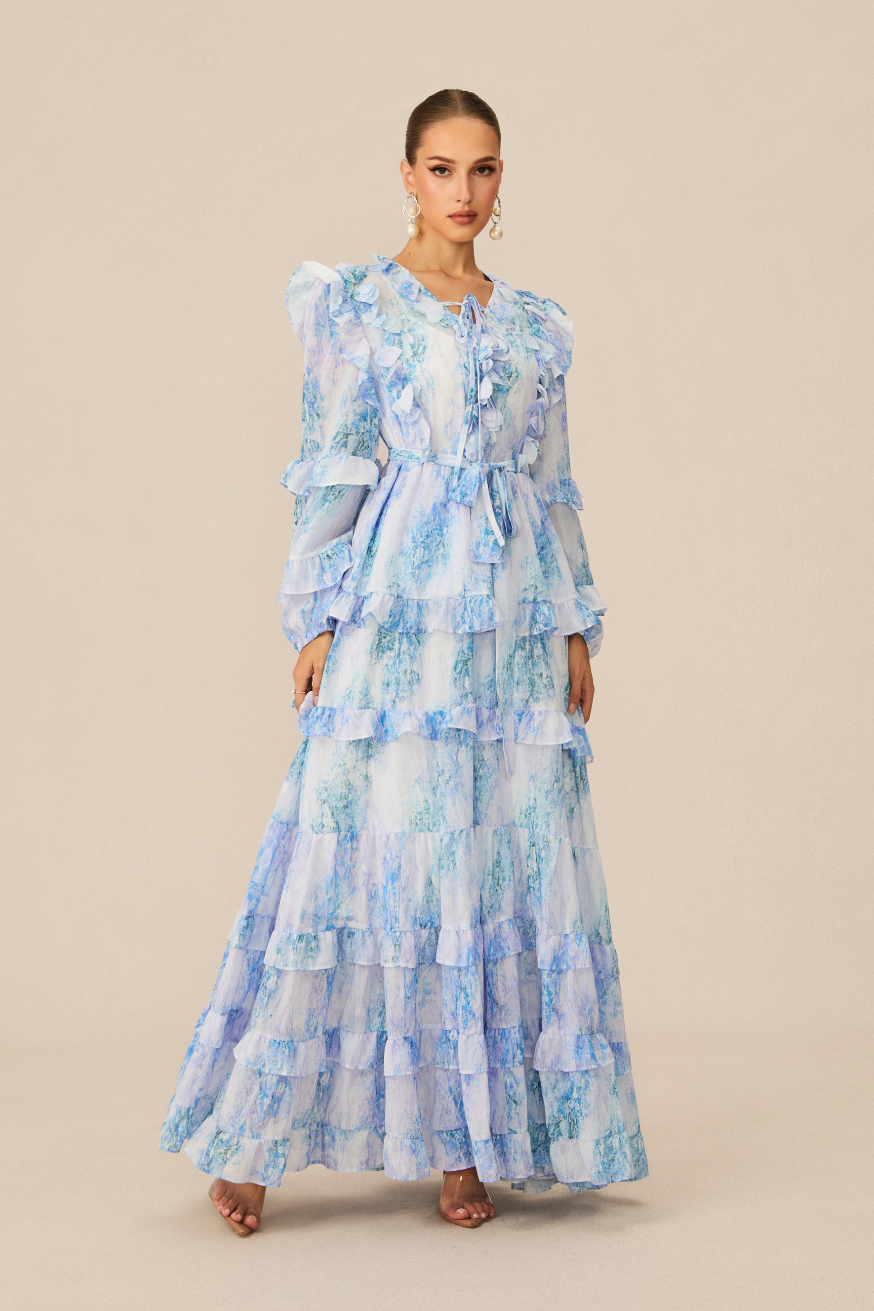 Divinely Blooming Blue Floral Print Ruffled Maxi Dress