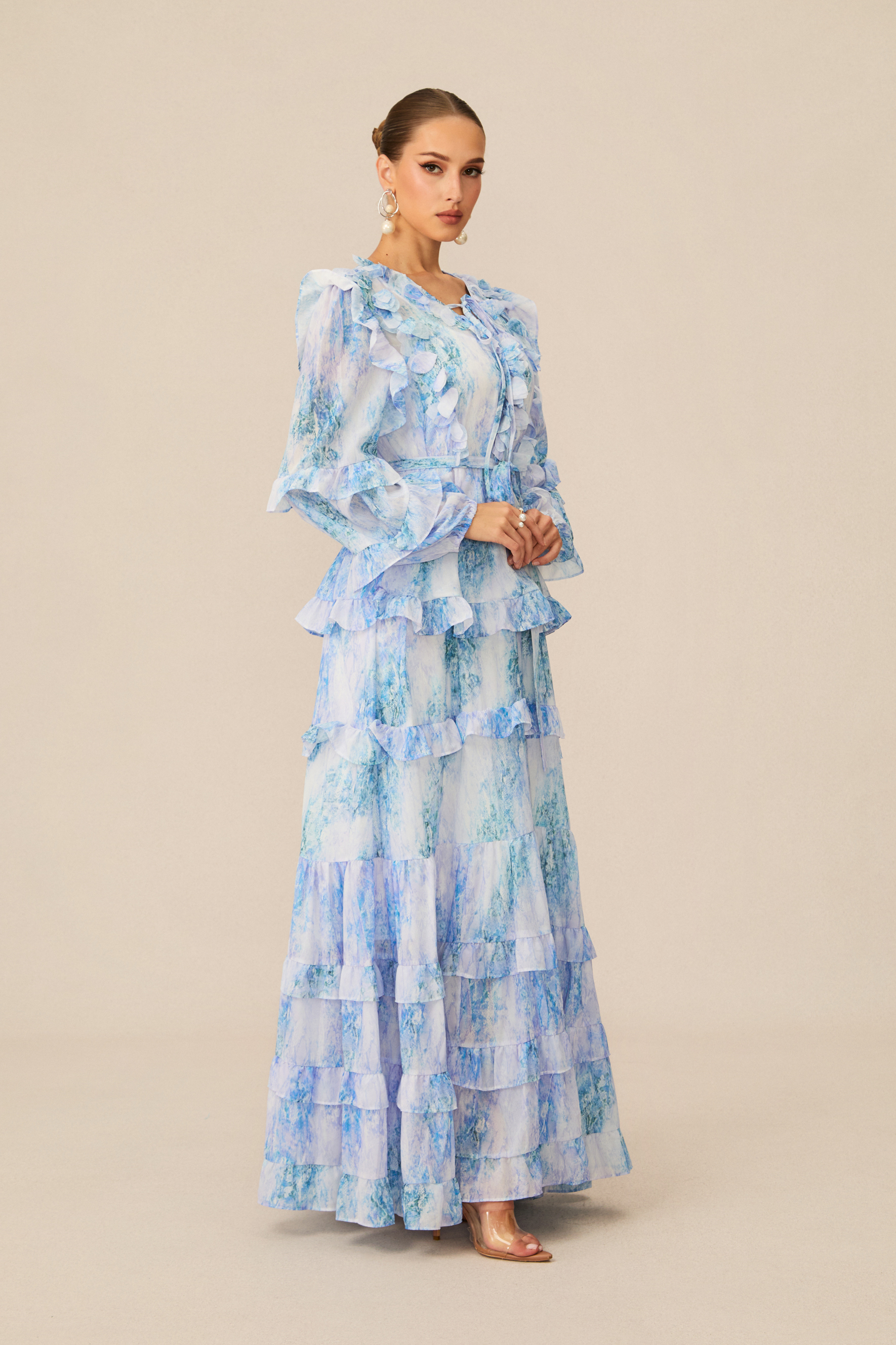 Divinely Blooming Blue Floral Print Ruffled Maxi Dress