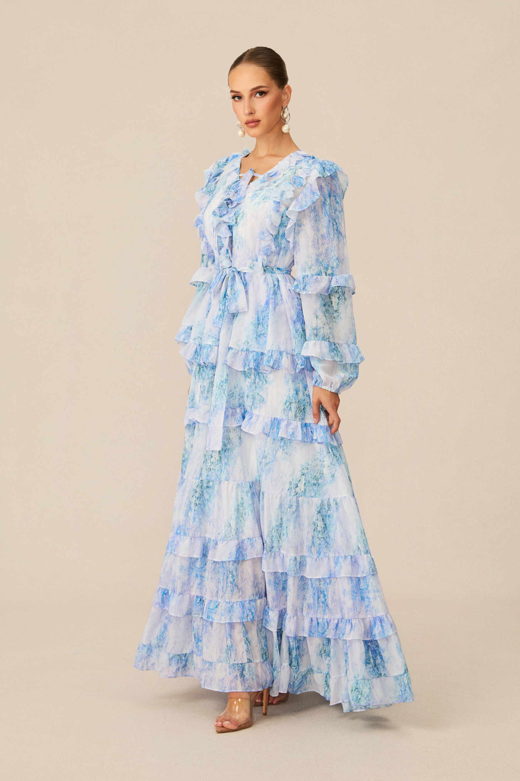 Divinely Blooming Blue Floral Print Ruffled Maxi Dress