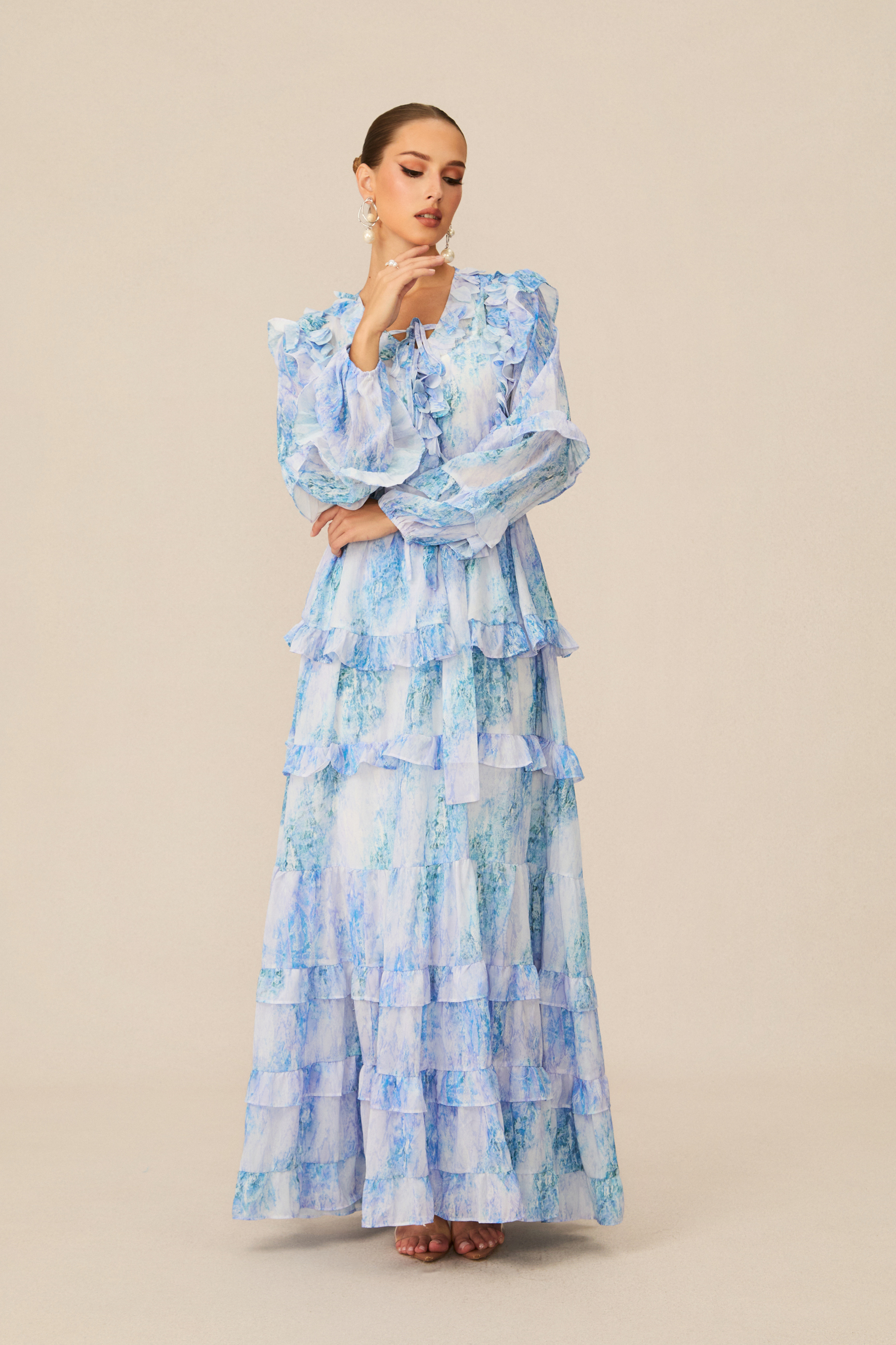 Divinely Blooming Blue Floral Print Ruffled Maxi Dress