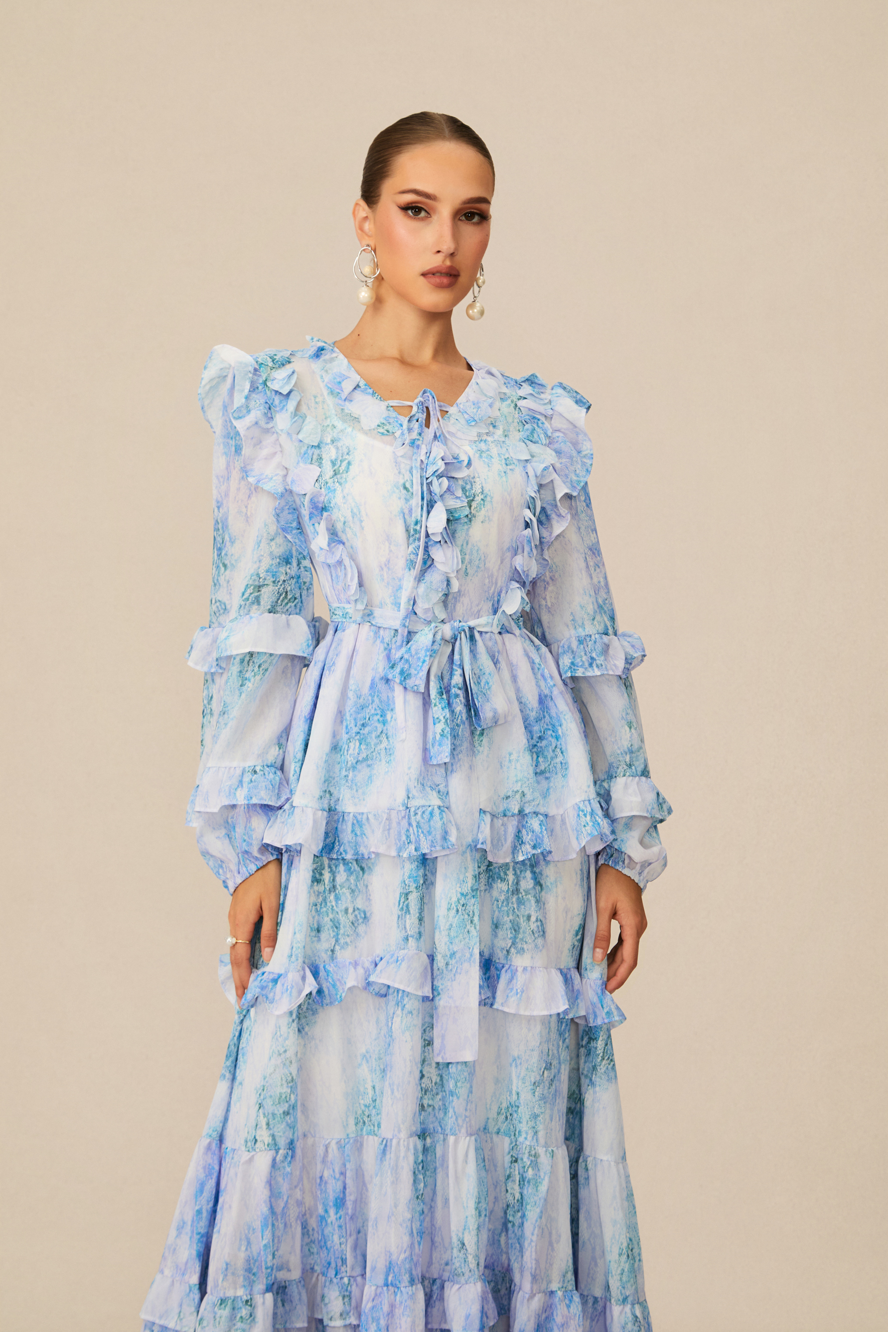 Divinely Blooming Blue Floral Print Ruffled Maxi Dress