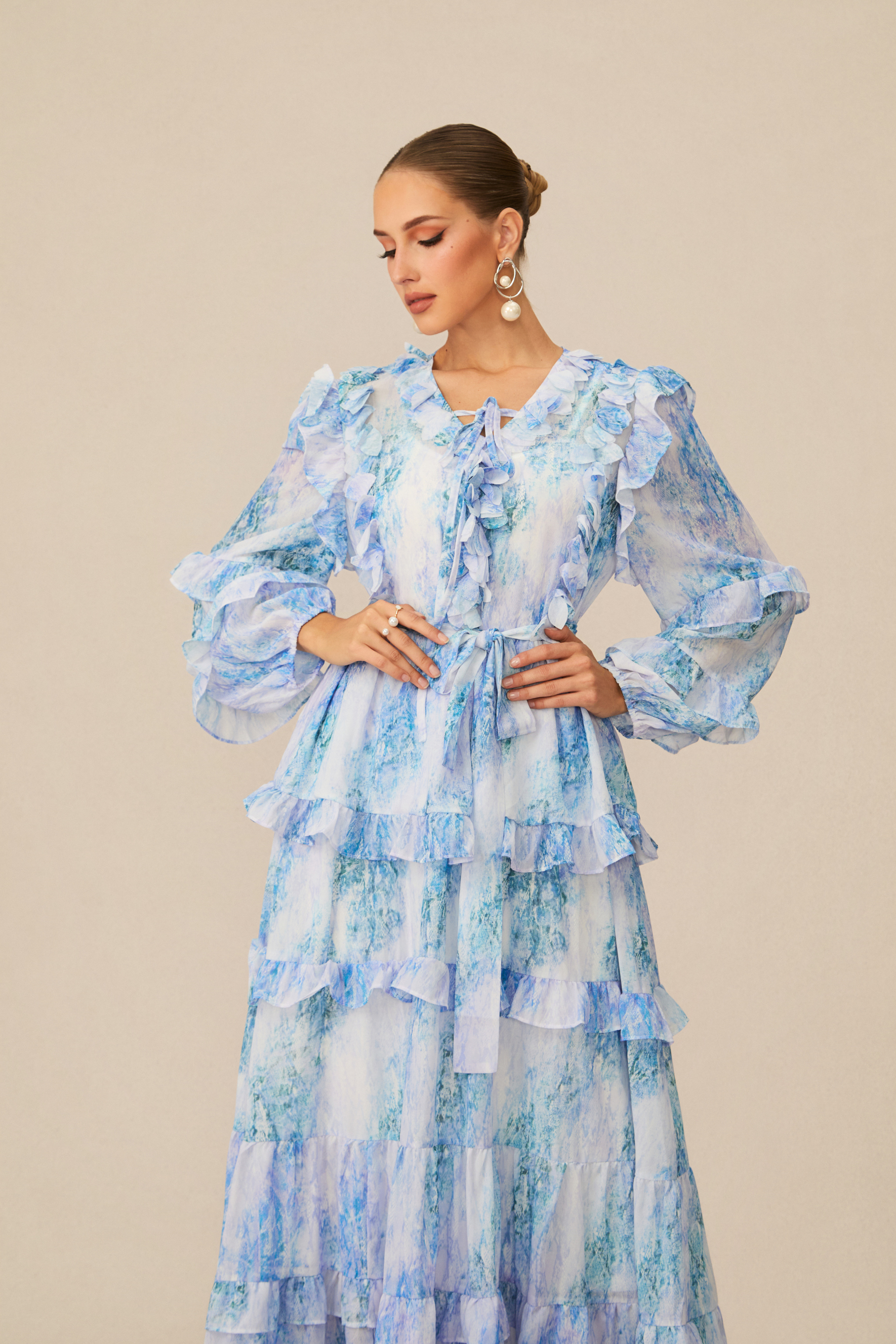 Divinely Blooming Blue Floral Print Ruffled Maxi Dress