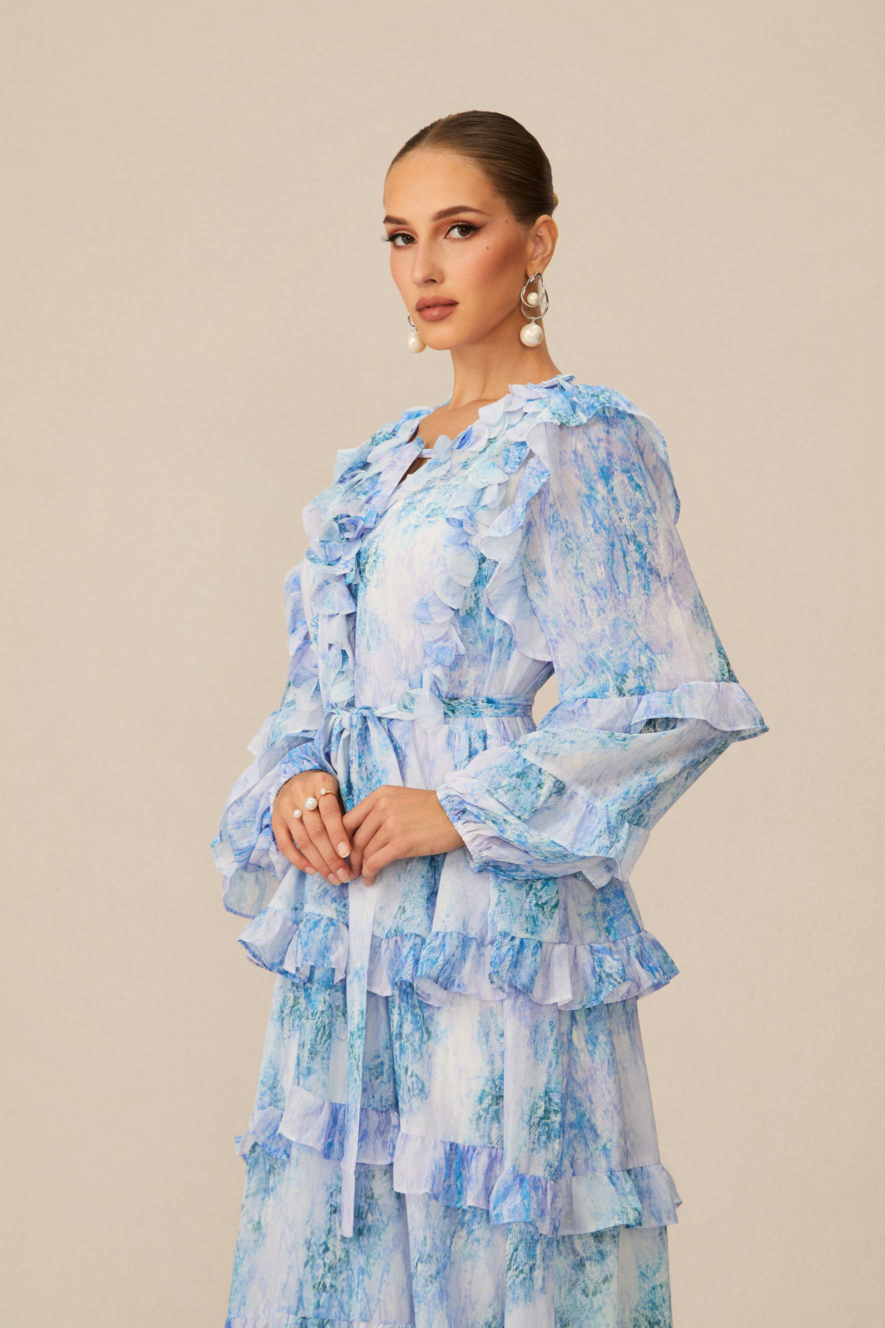 Divinely Blooming Blue Floral Print Ruffled Maxi Dress
