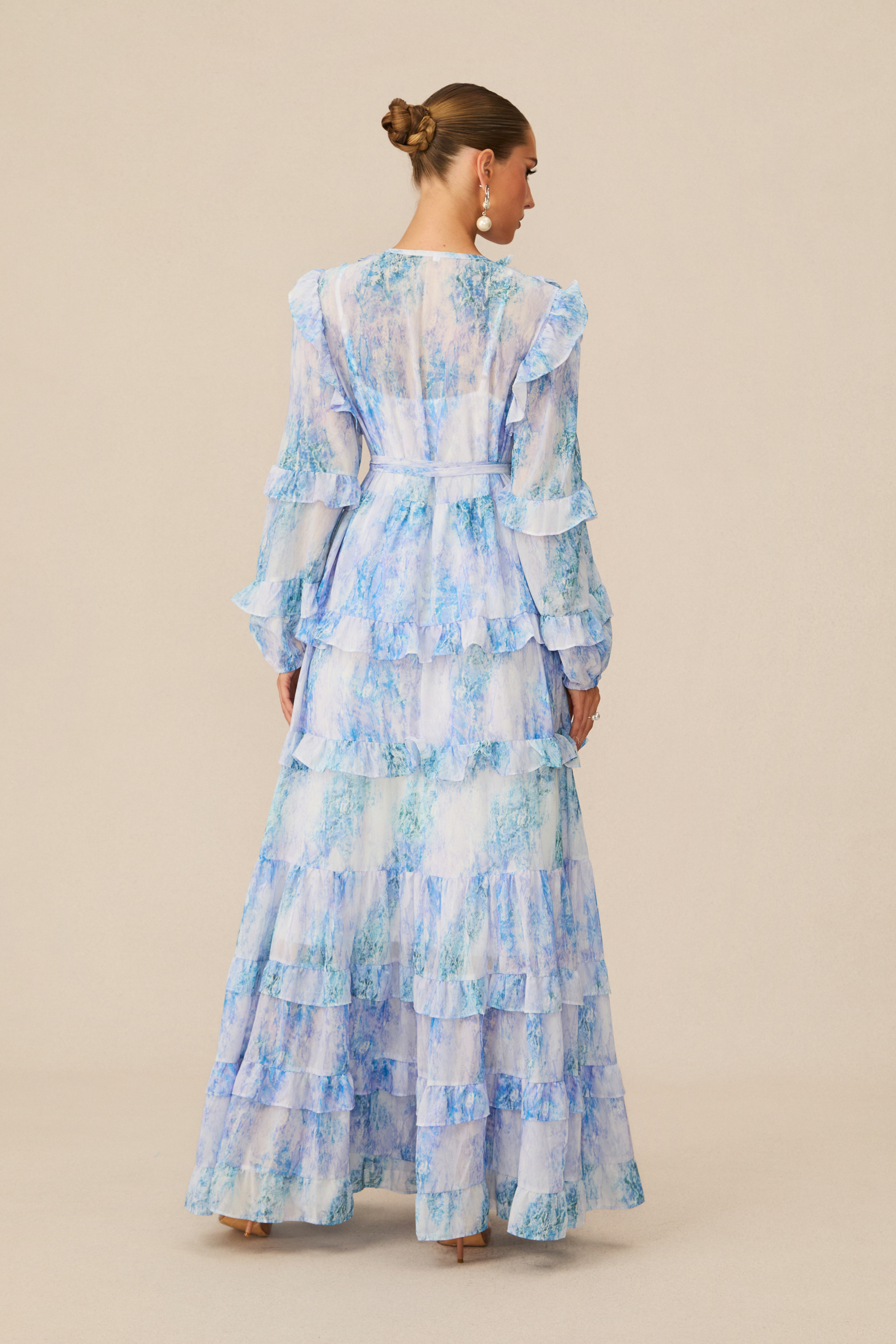 Divinely Blooming Blue Floral Print Ruffled Maxi Dress