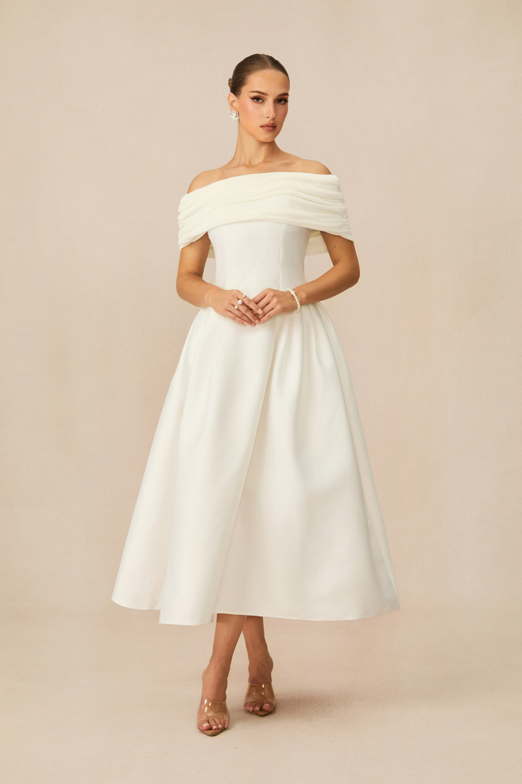 Vivian Off Shoulder Flare Satin Midi Dress