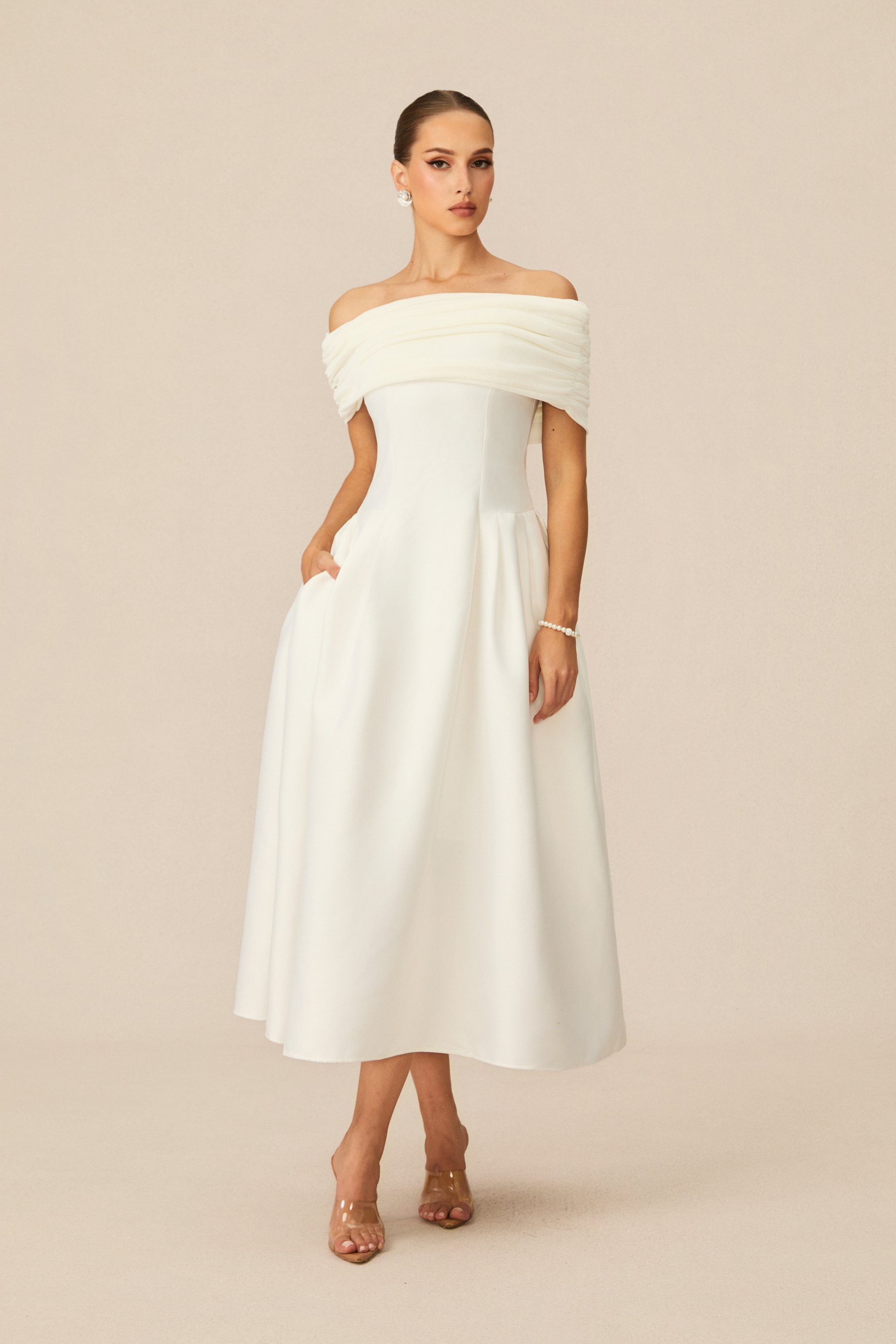 Vivian Off Shoulder Flare Satin Midi Dress
