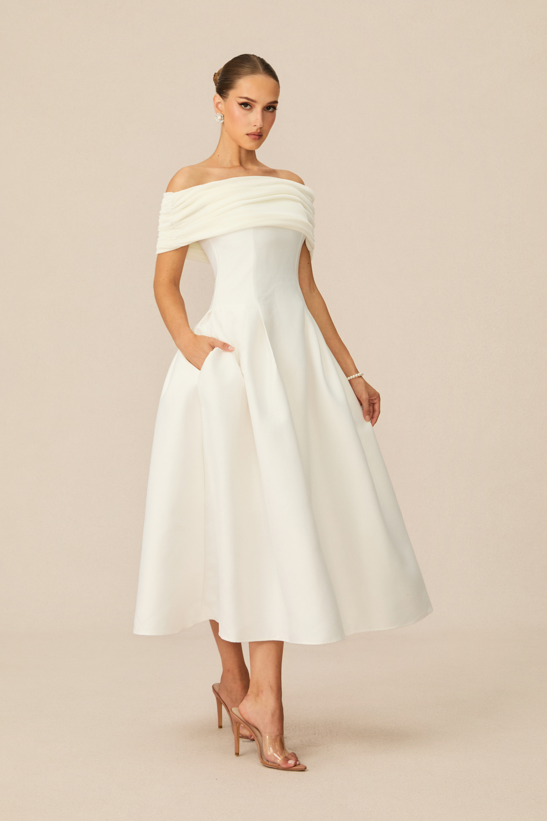 Vivian Off Shoulder Flare Satin Midi Dress