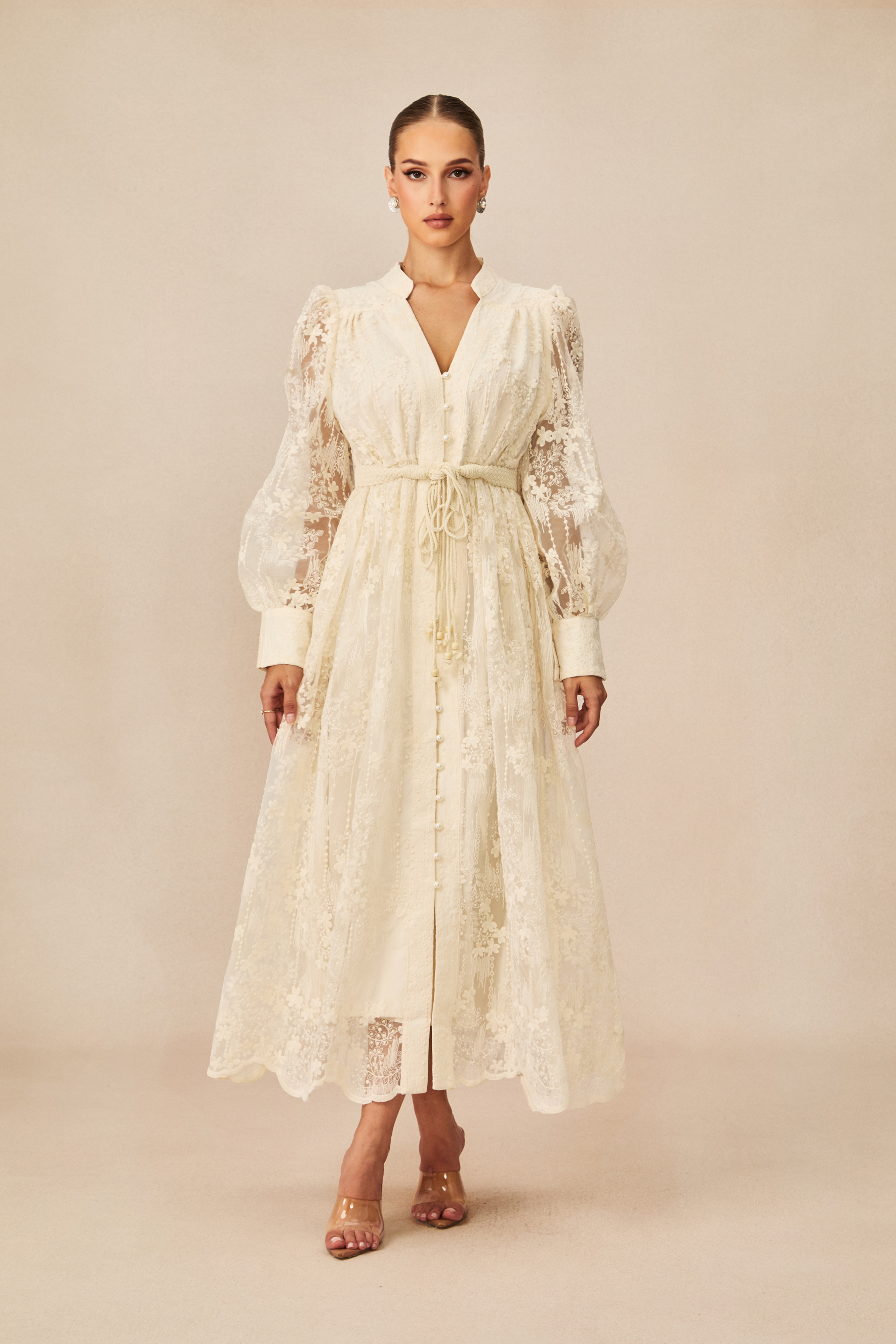 Madeline V-Neck Lace Embroidered Midi Dress
