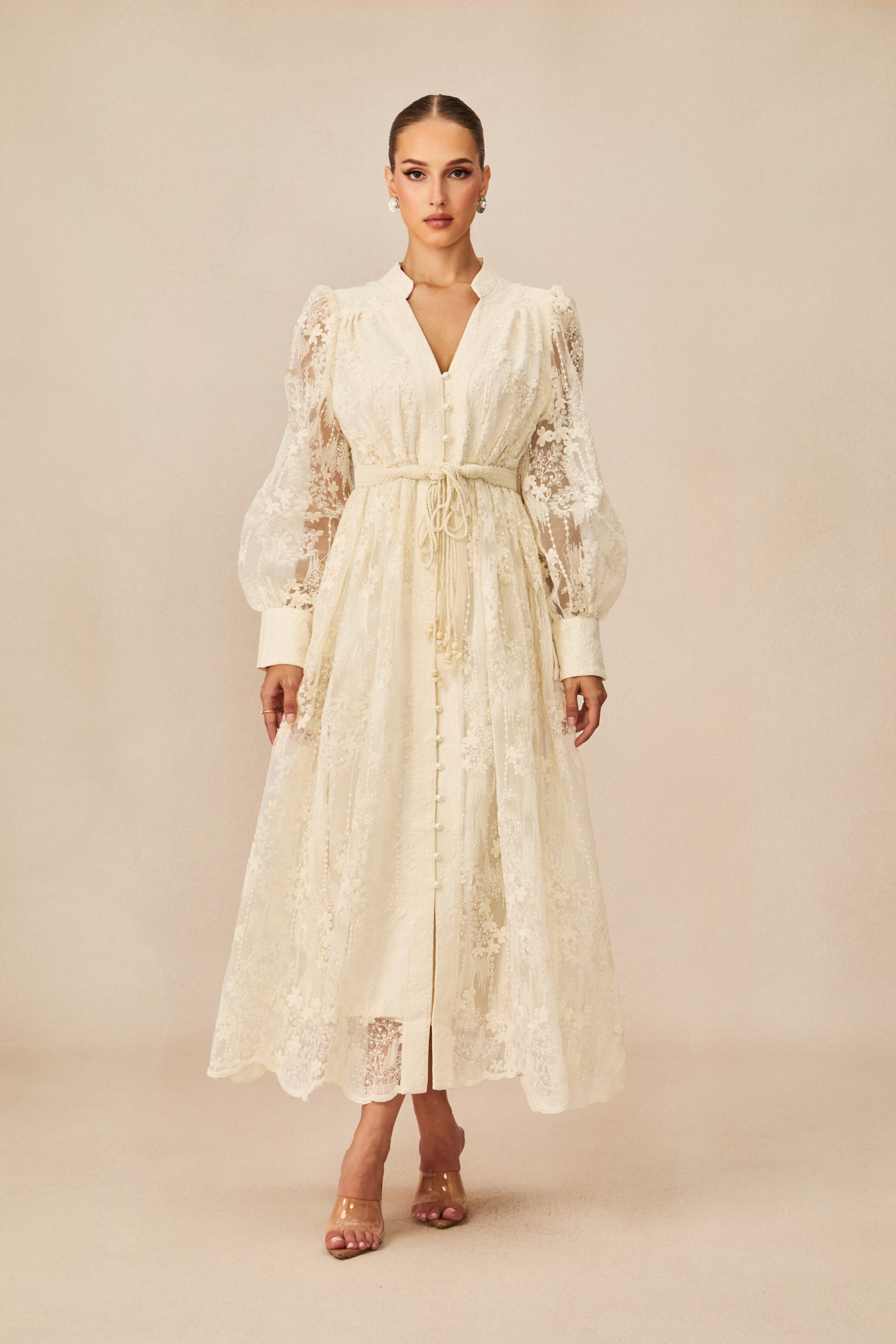 Madeline V-Neck Lace Embroidered Midi Dress