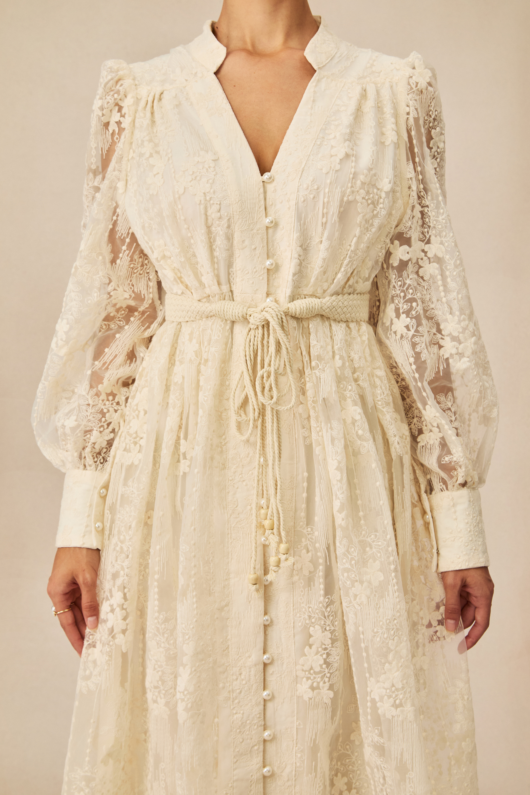 Madeline Lace Embroidered Midi Dress | Apricot Pearl Detail - sunfere
