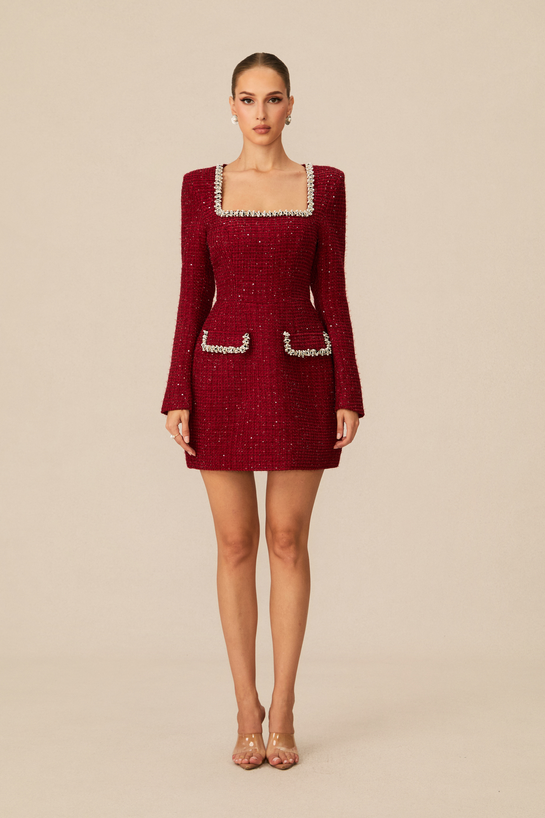 Isabela Pearl Trim Square Neck Tweed Mini Dress