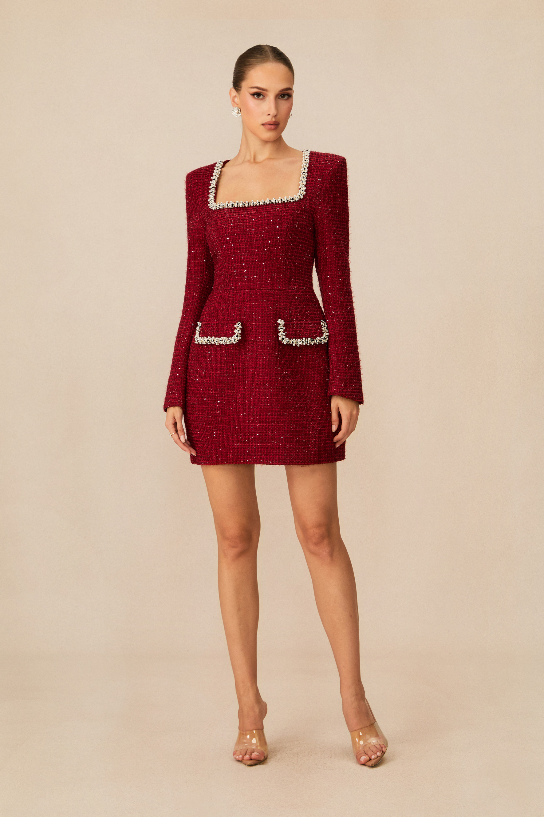 Isabela Pearl Trim Square Neck Tweed Mini Dress