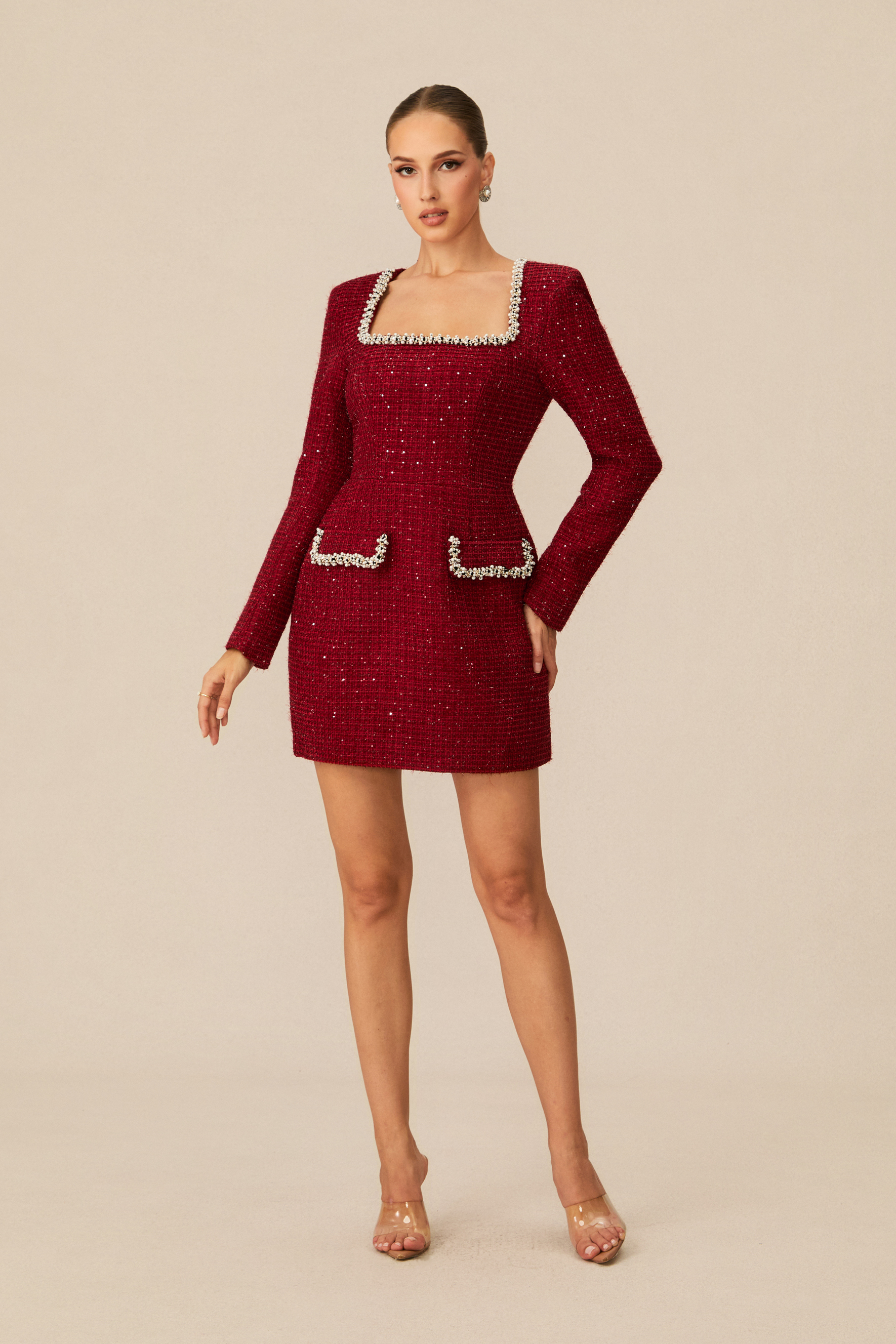 Isabela Pearl Trim Square Neck Tweed Mini Dress