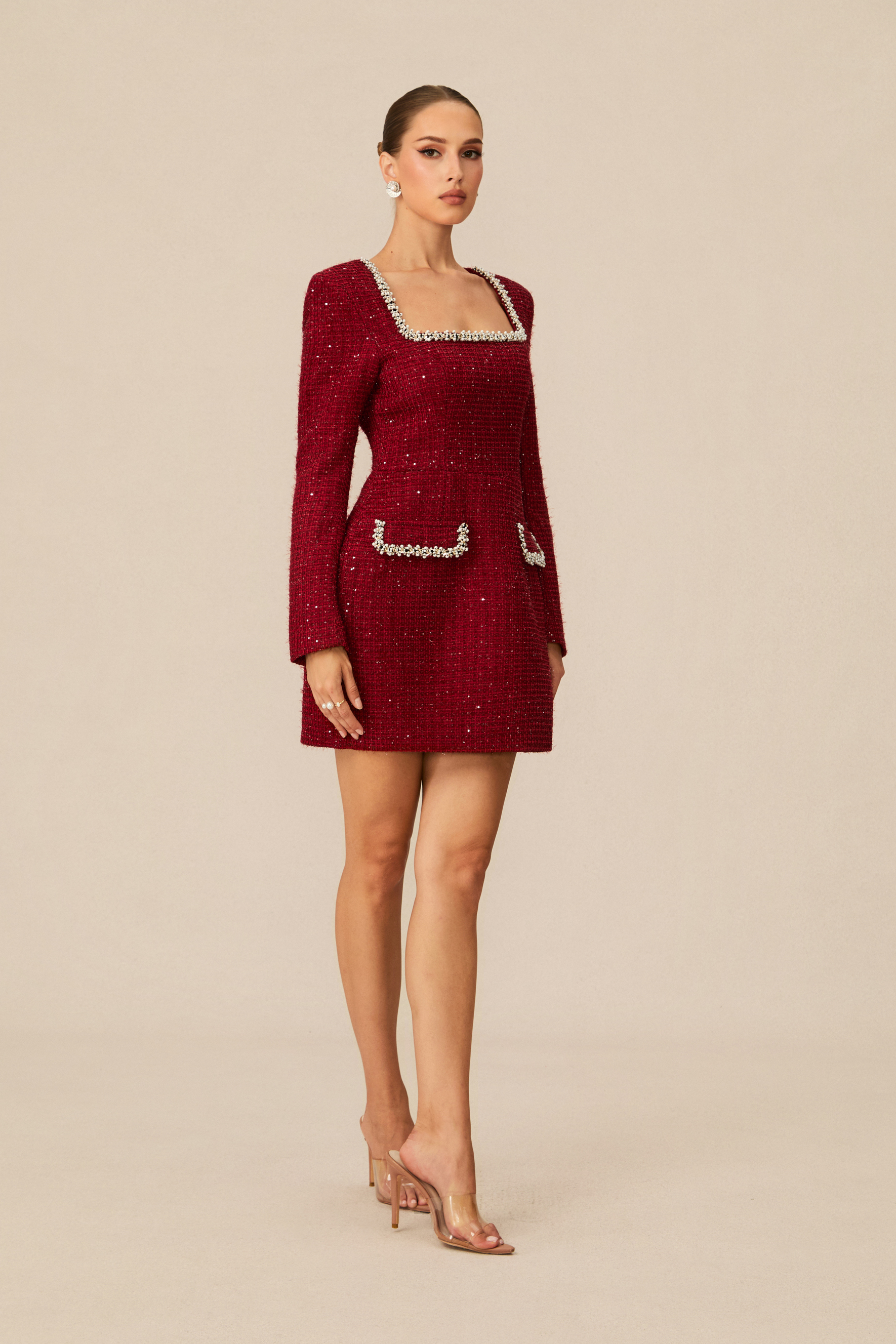 Isabela Pearl Trim Square Neck Tweed Mini Dress