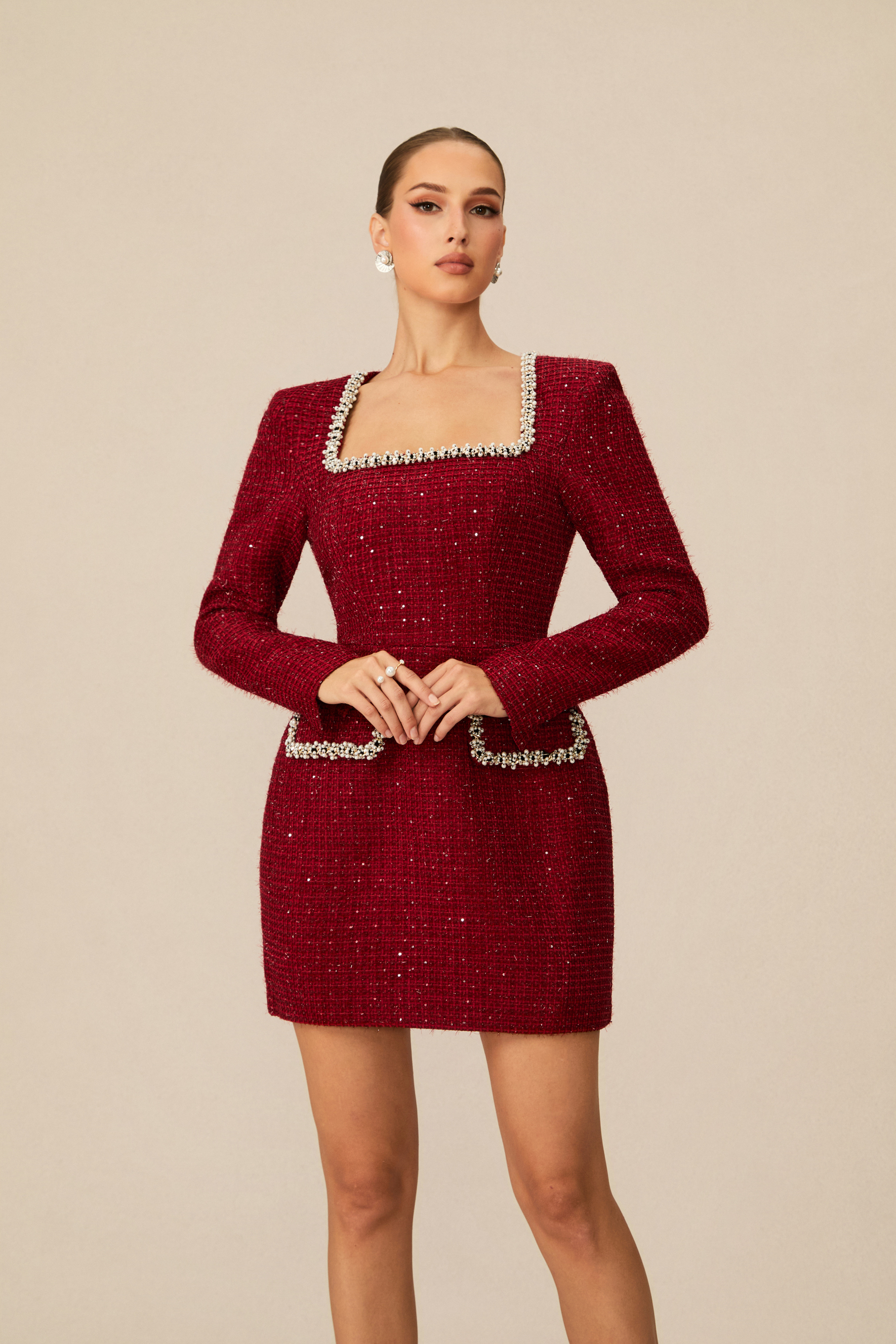 Isabela Pearl Trim Square Neck Tweed Mini Dress