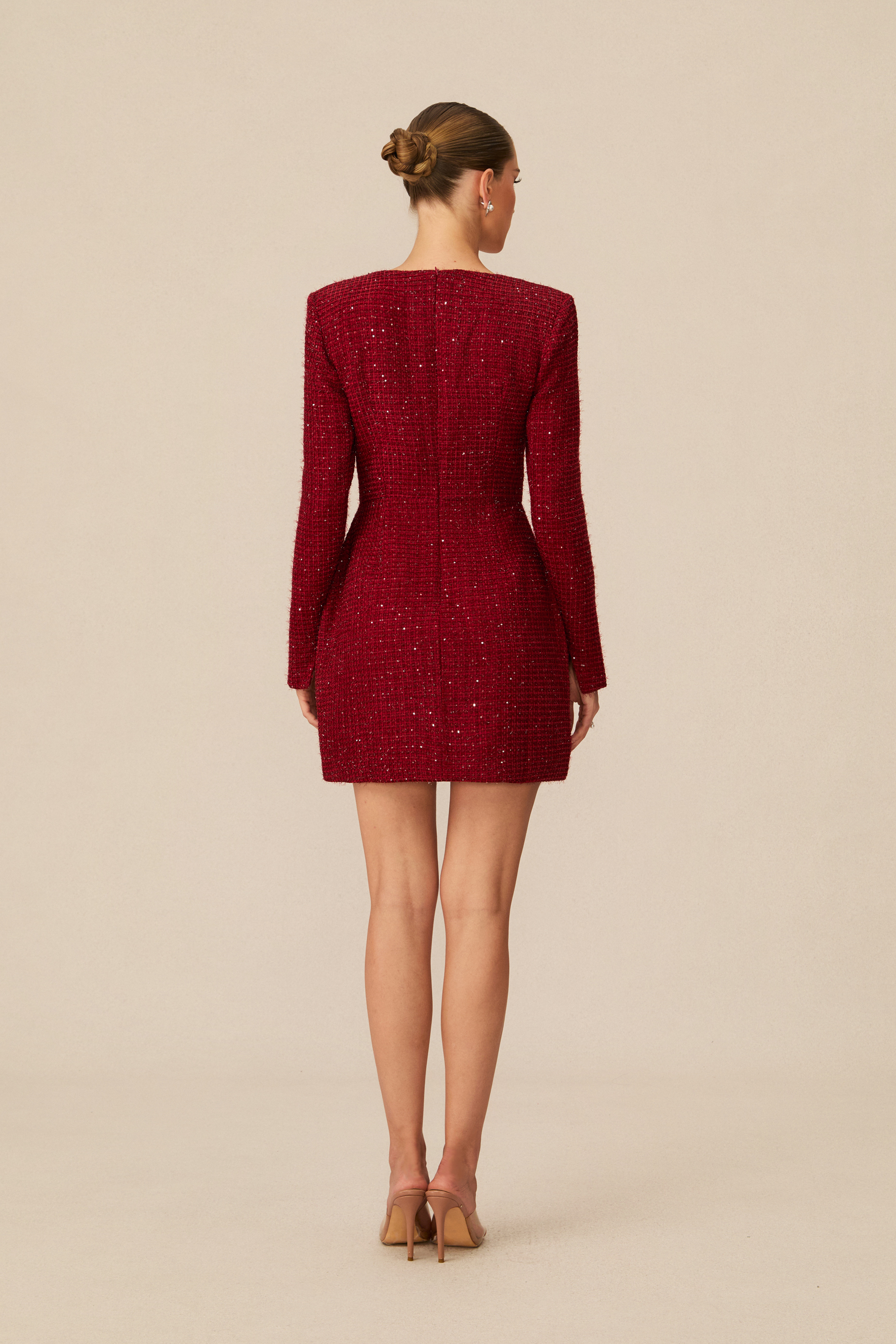 Isabela Pearl Trim Square Neck Tweed Mini Dress