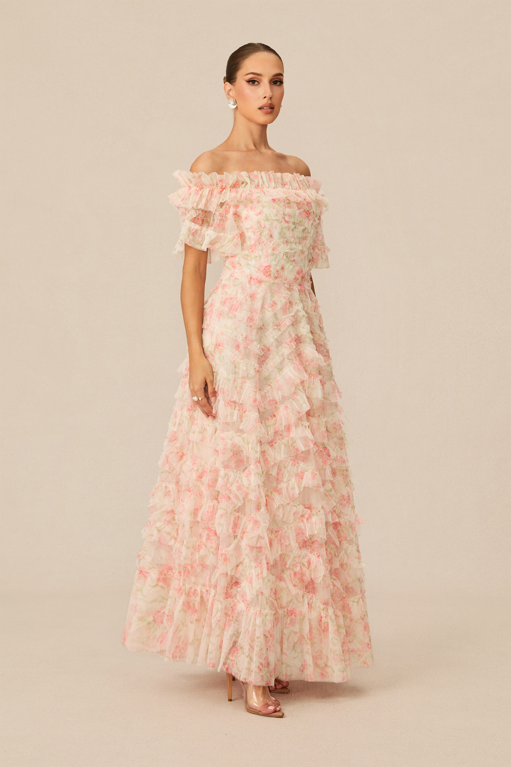 Romance Dreamer Pink Floral Print Off Shoulder Maxi Dress