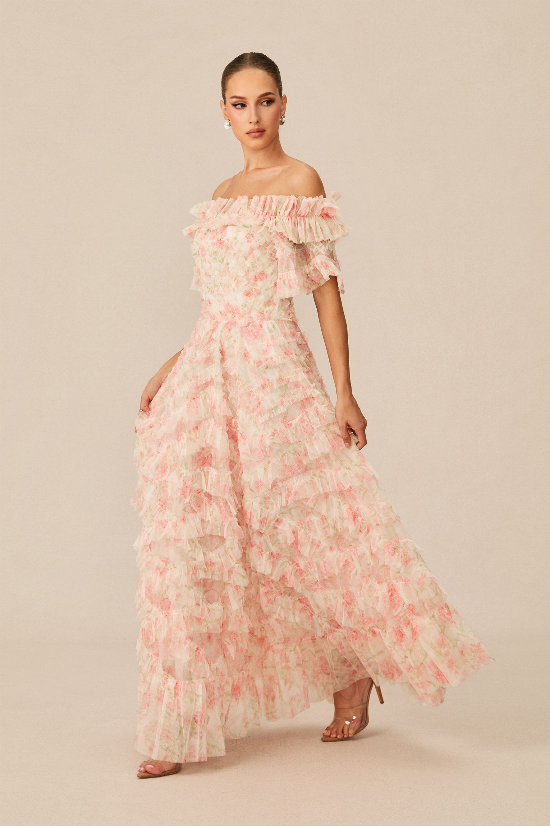 Romance Dreamer Pink Floral Print Off Shoulder Maxi Dress