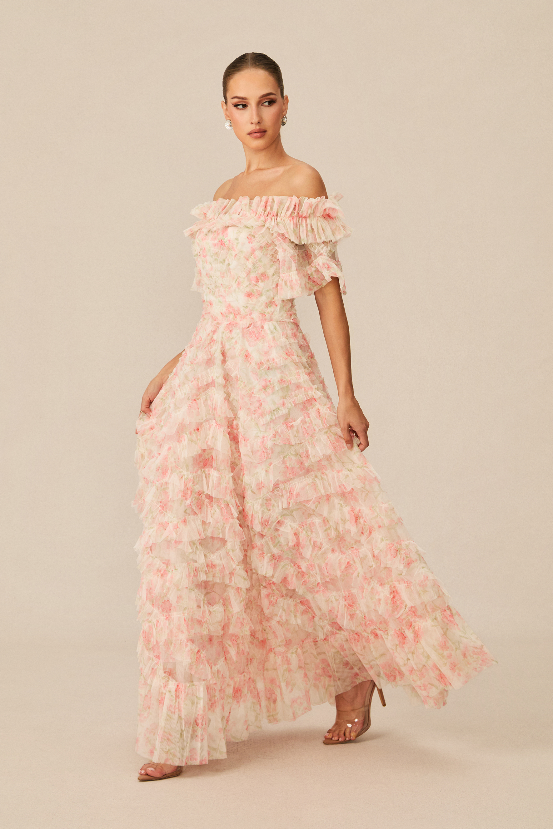 Romance Dreamer Pink Floral Print Off Shoulder Maxi Dress