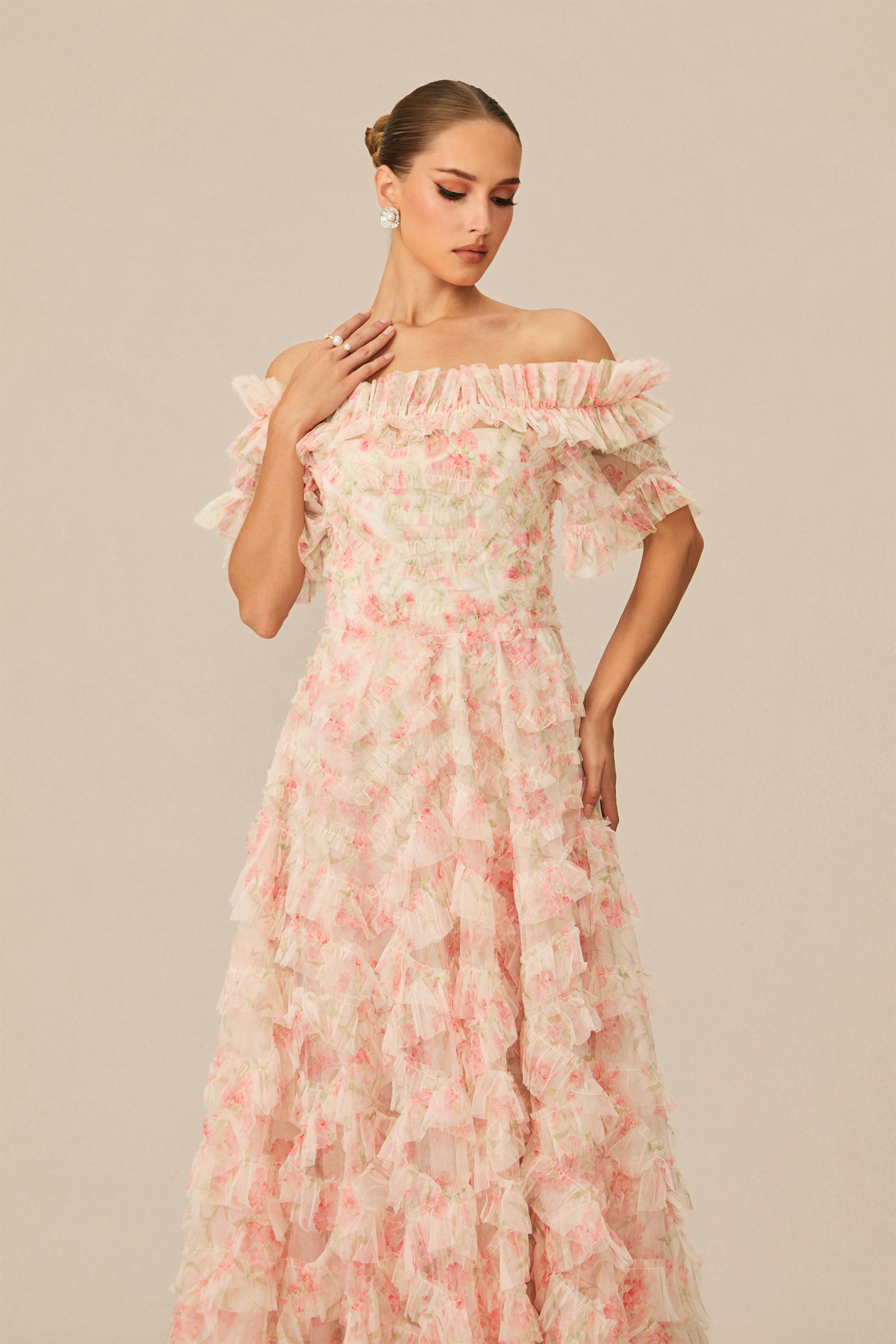 Romance Dreamer Pink Floral Print Off Shoulder Maxi Dress