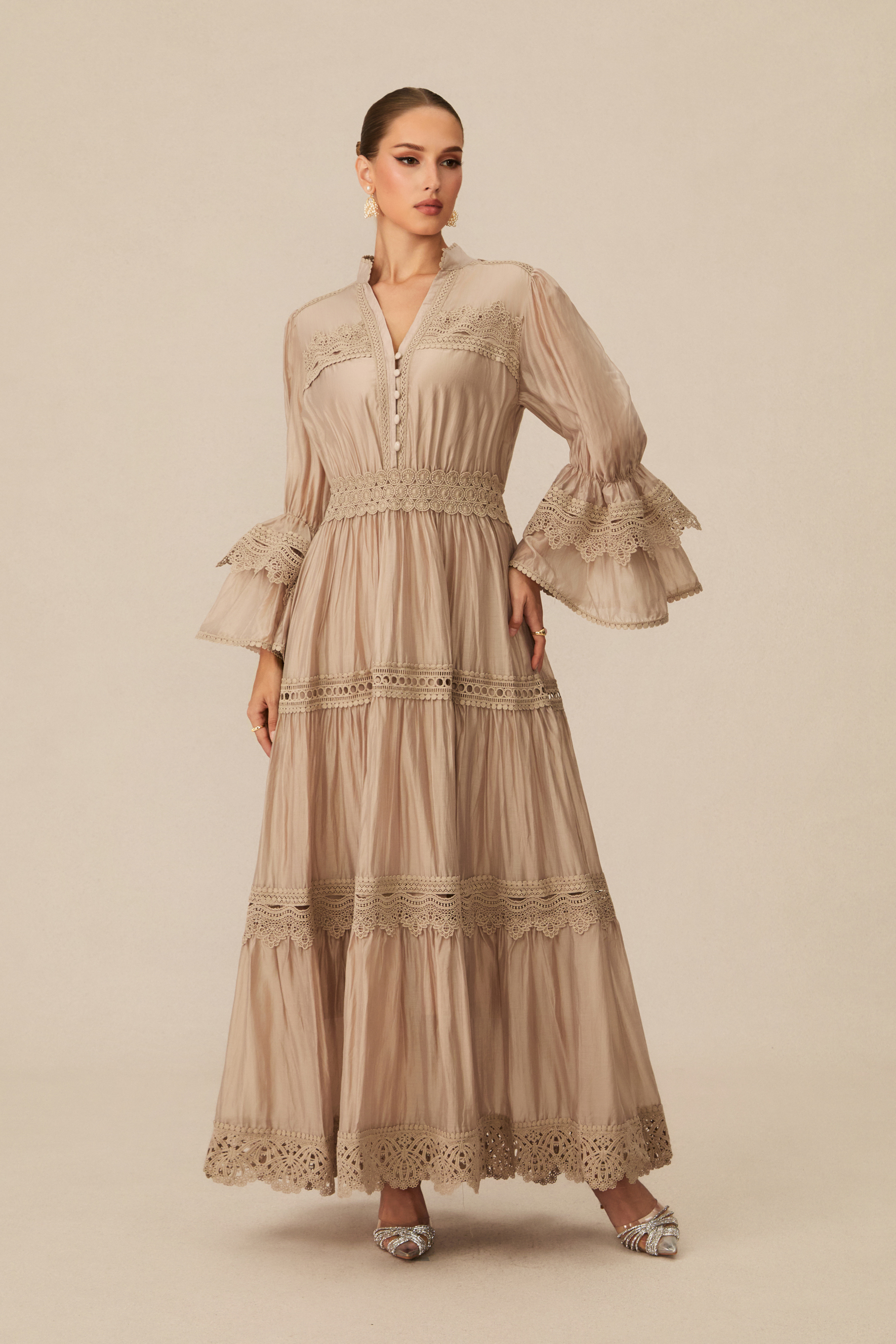 Marina Flared Cuff Lace Embroidered Maxi Dress