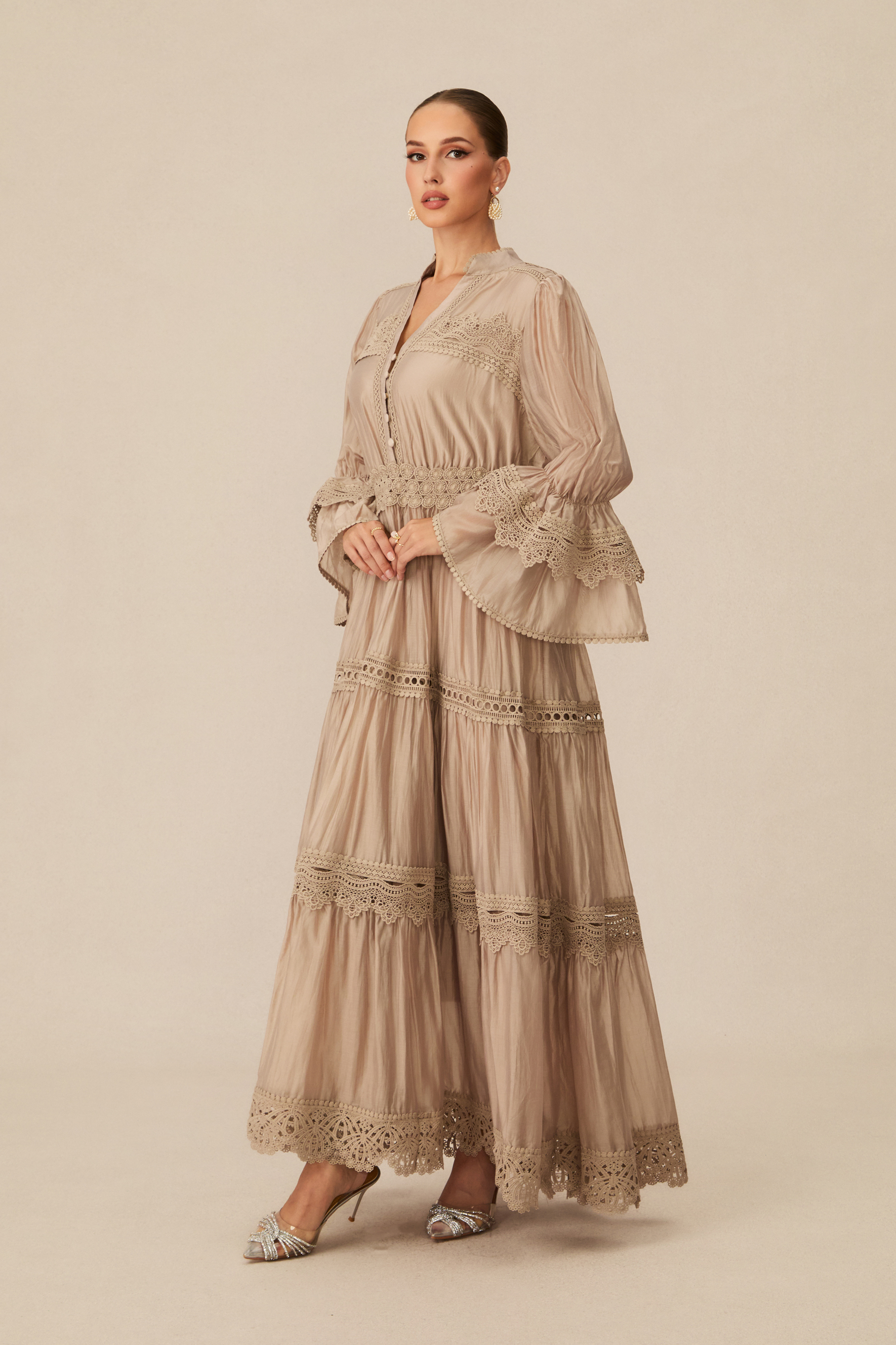 Marina Flared Cuff Lace Embroidered Maxi Dress