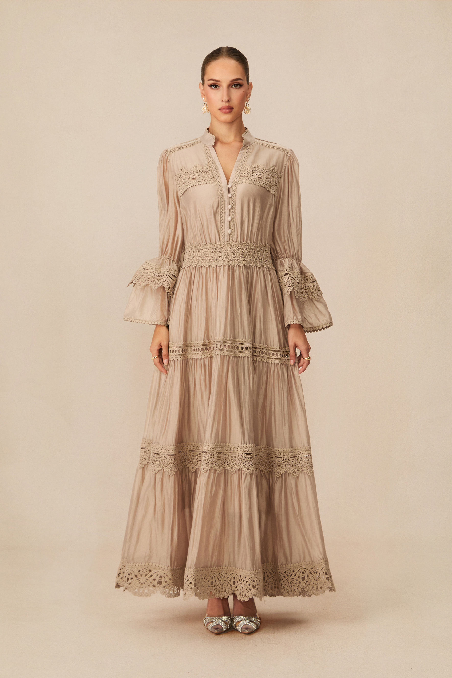 Marina Flared Cuff Lace Embroidered Maxi Dress