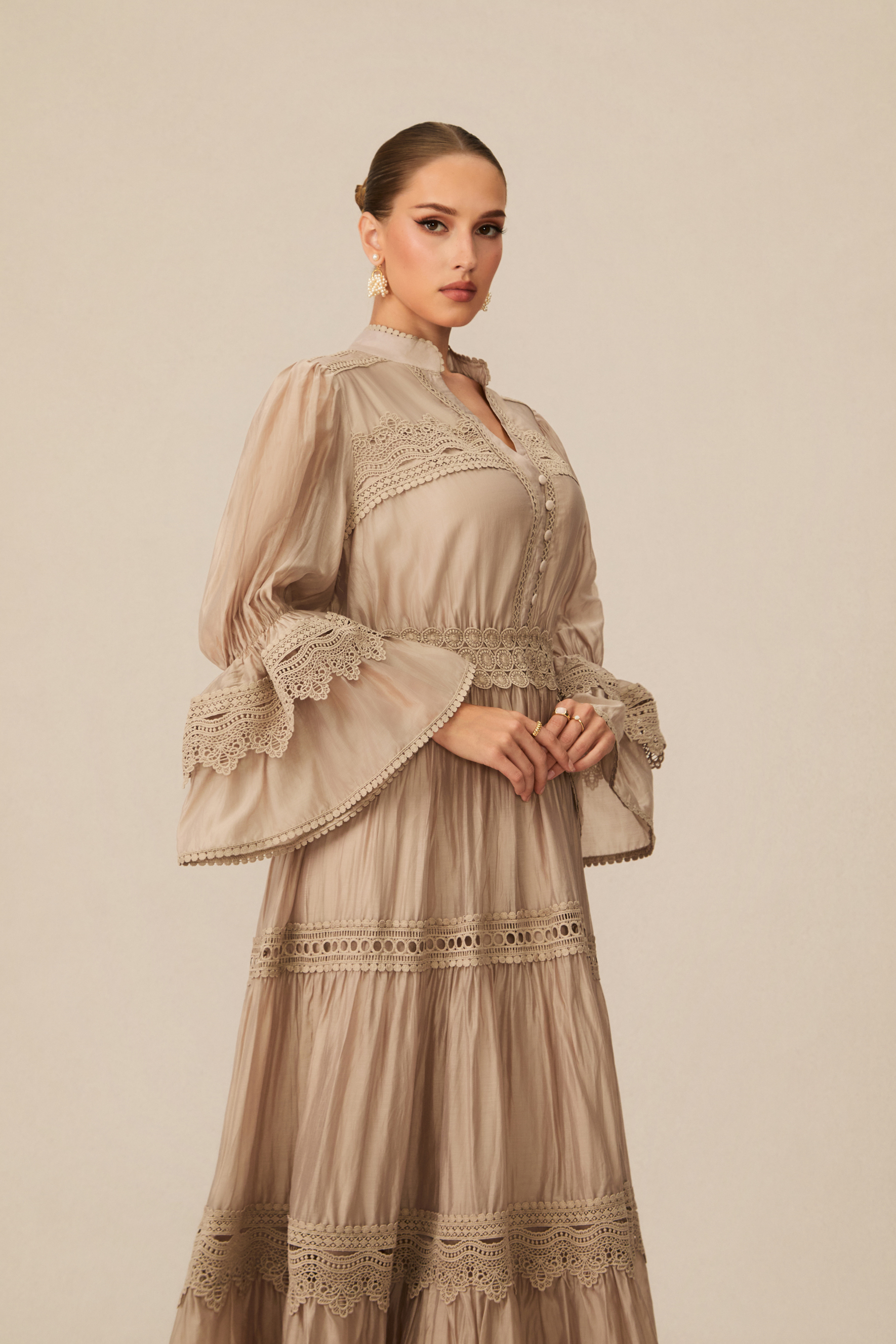 Marina Flared Cuff Lace Embroidered Maxi Dress