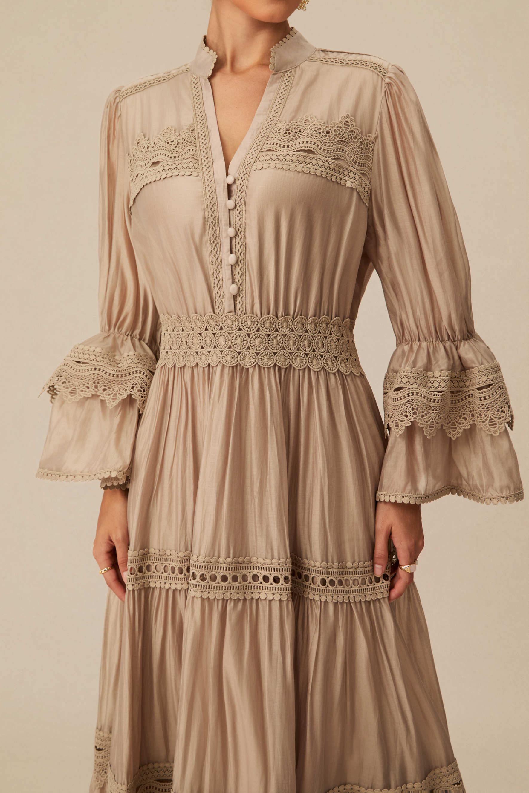 Marina Flared Cuff Lace Embroidered Maxi Dress