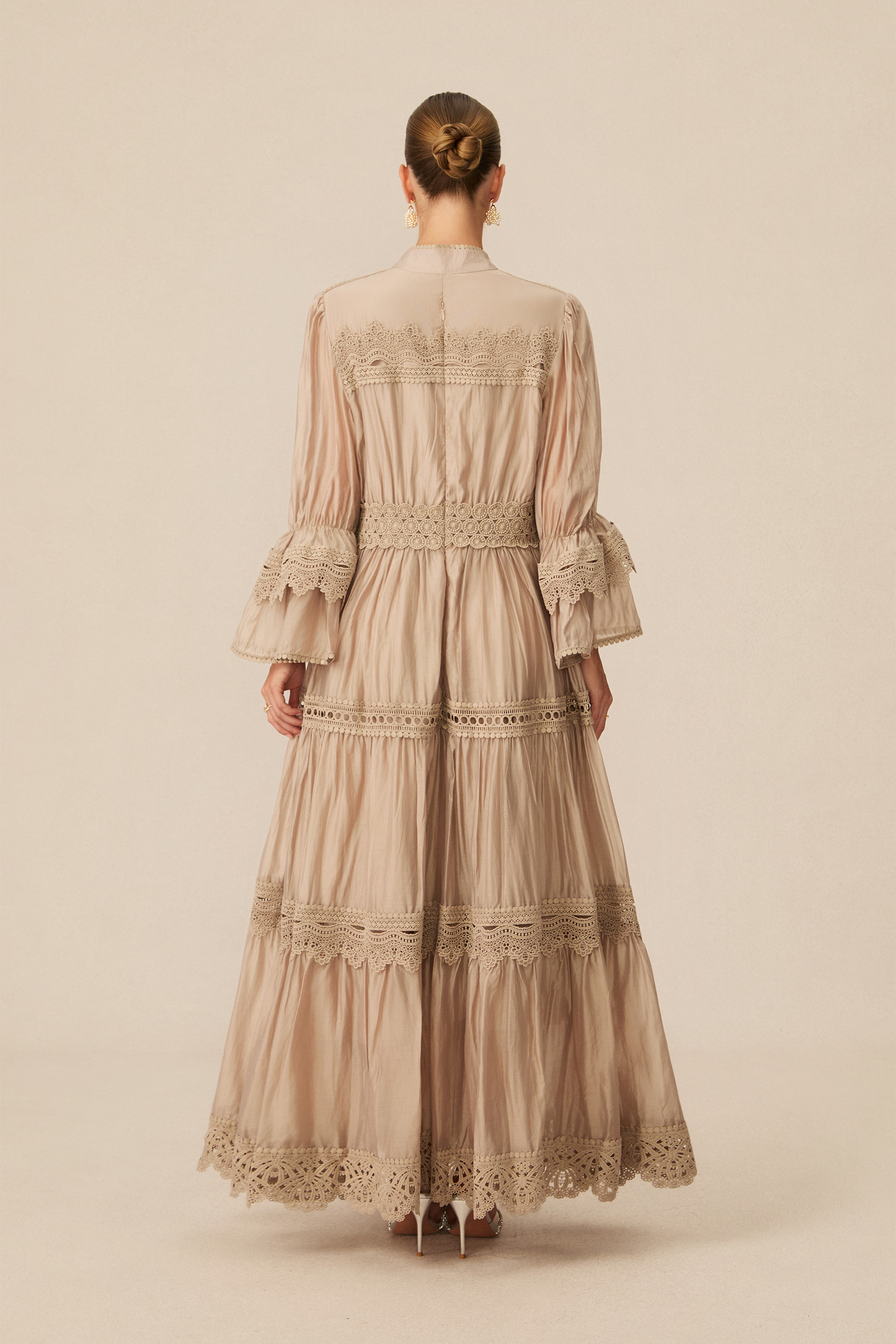 Marina Flared Cuff Lace Embroidered Maxi Dress