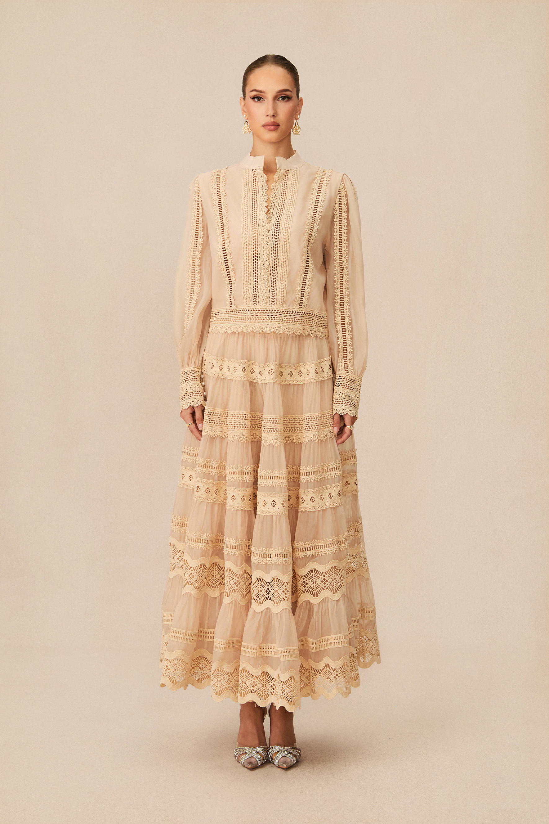 Bohemian Grace Beige Lace Embroidered Top & Skirt Set