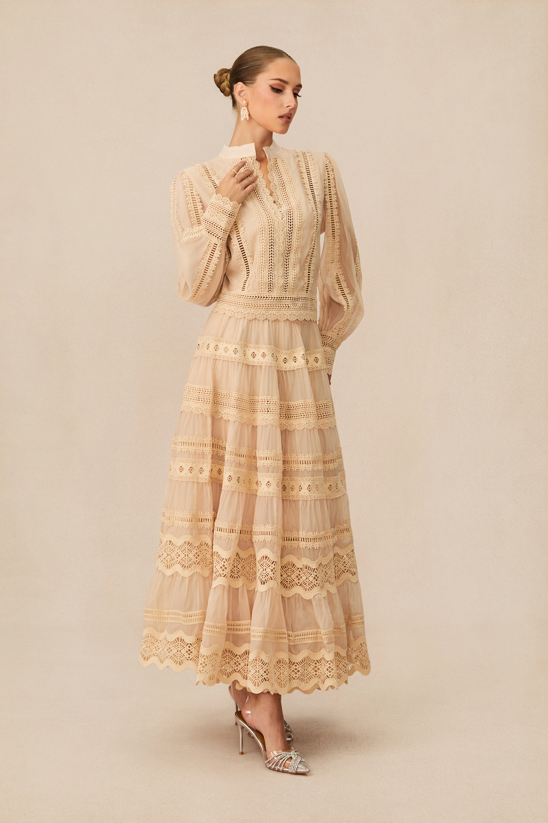 Bohemian Grace Beige Lace Embroidered Top & Skirt Set