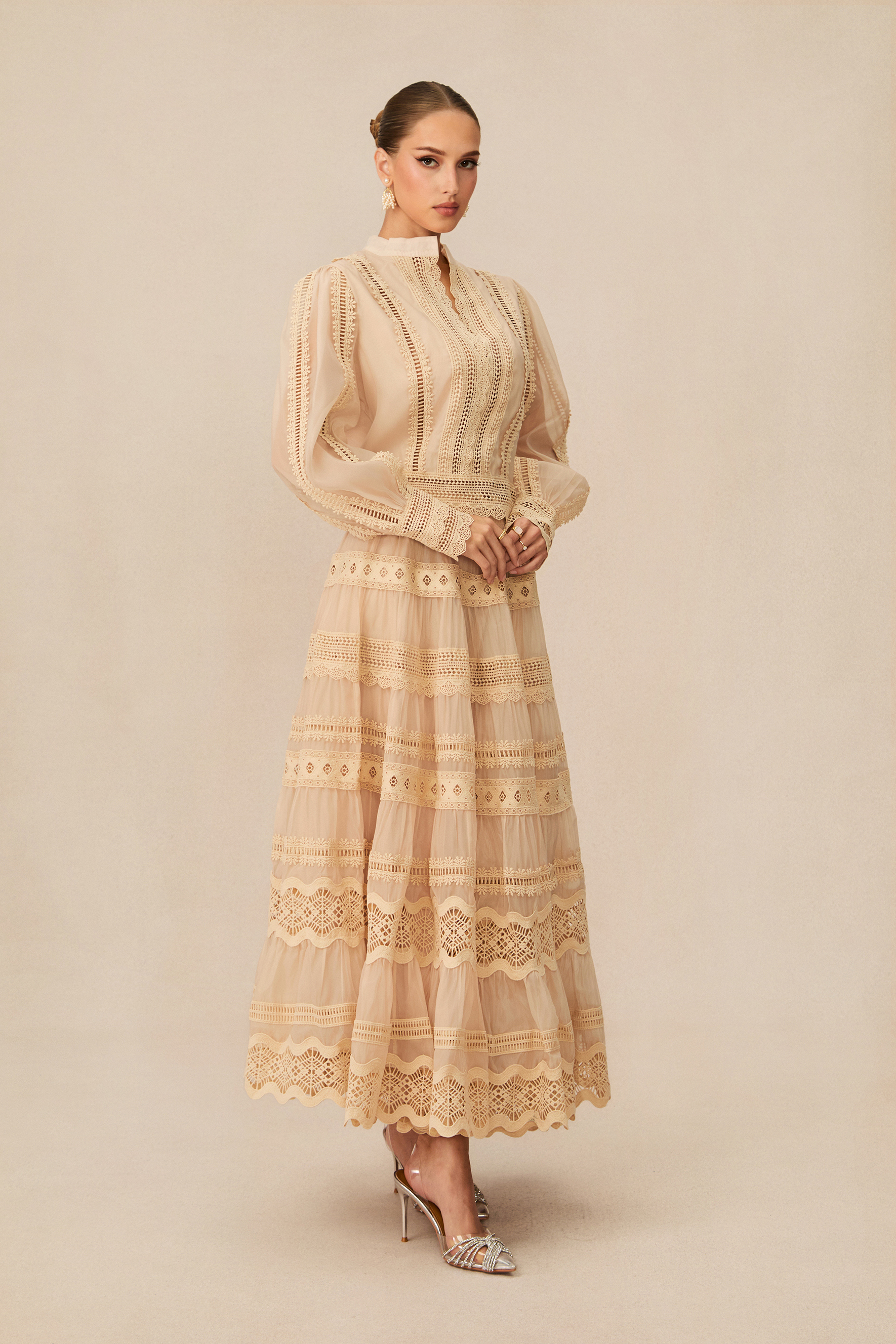 Bohemian Grace Beige Lace Embroidered Top & Skirt Set