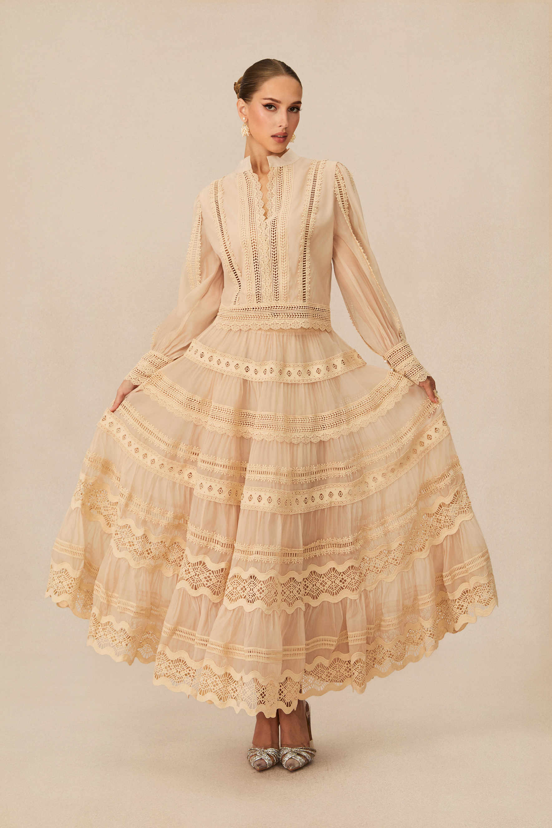 Bohemian Grace Beige Lace Embroidered Top & Skirt Set