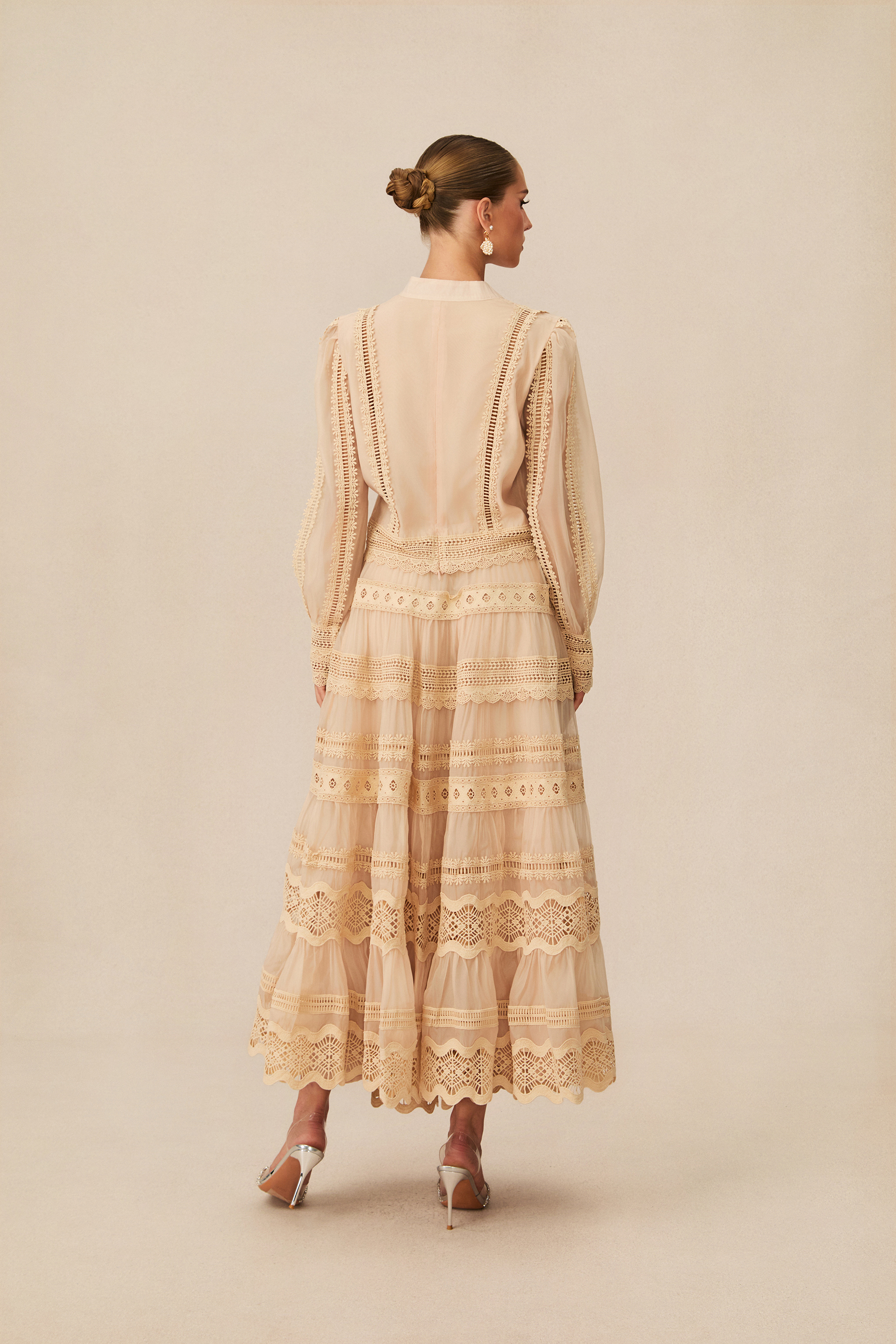 Bohemian Grace Beige Lace Embroidered Top & Skirt Set