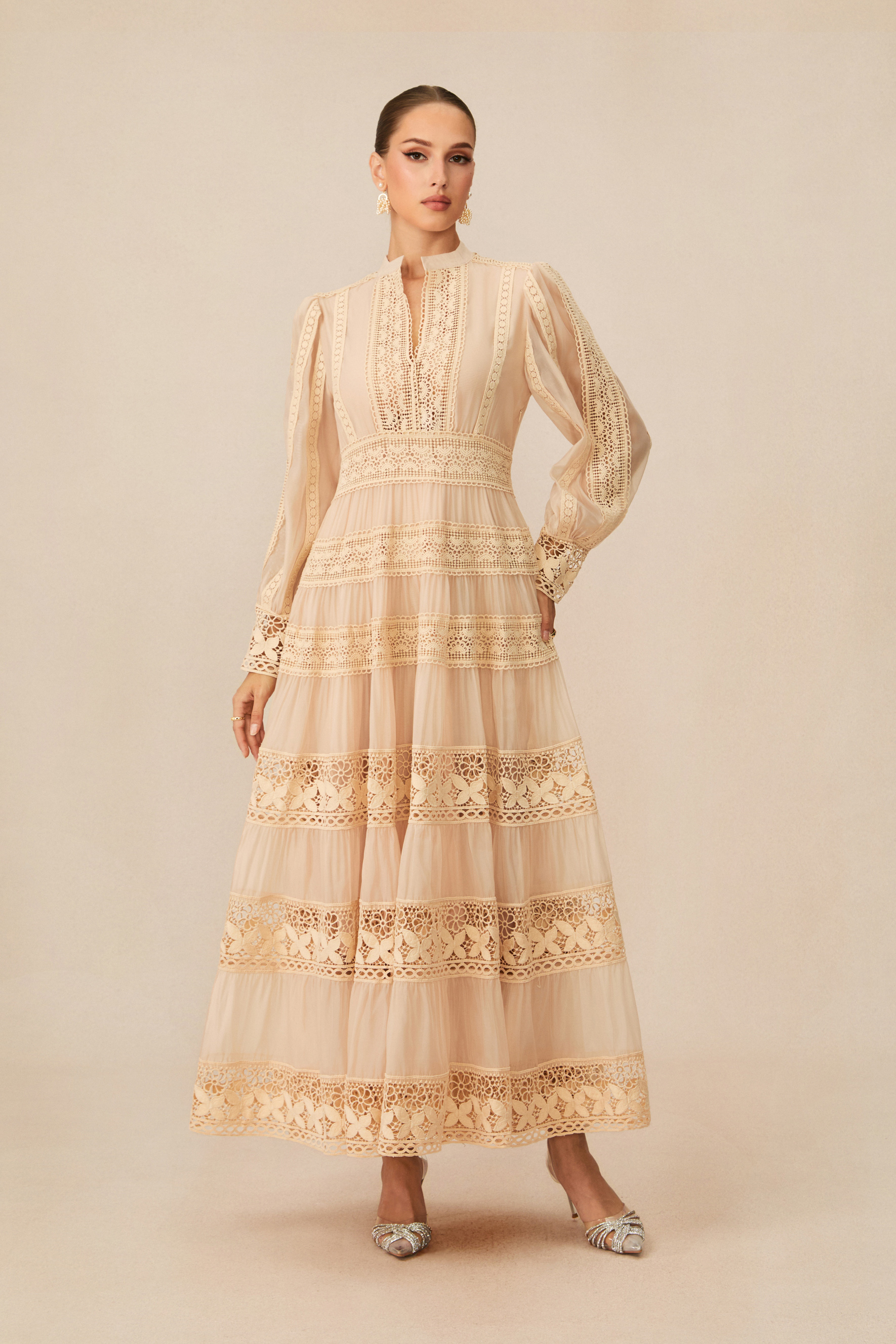 Romantic Antique Beige Embroidered Lace Maxi Dress