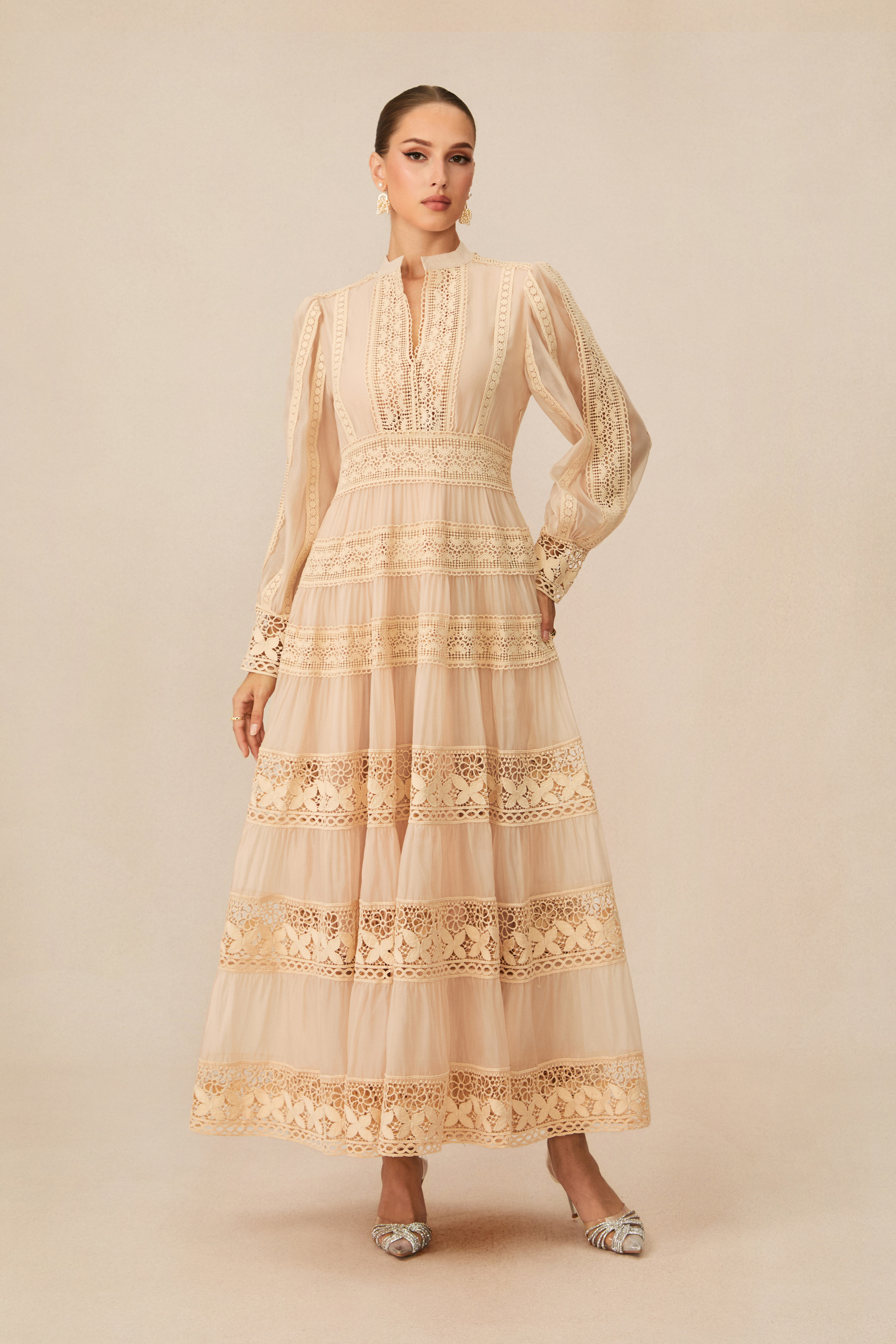 Romantic Antique Beige Embroidered Lace Maxi Dress
