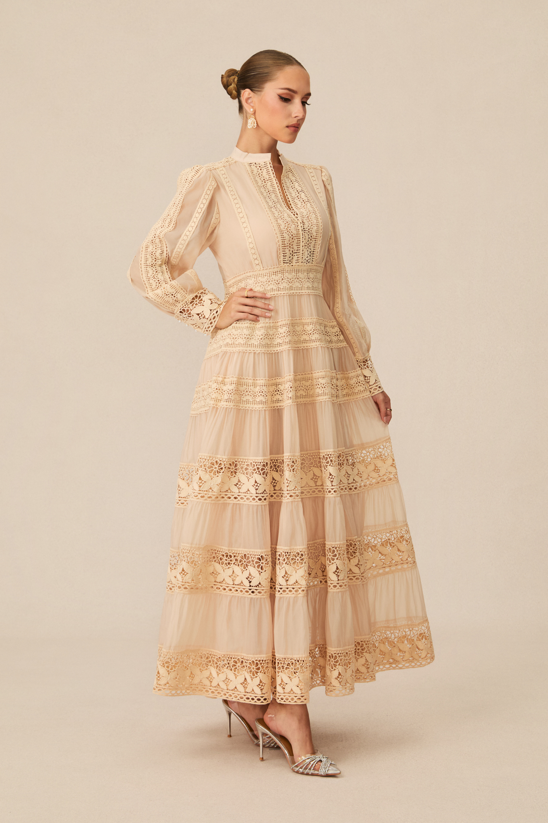 Romantic Antique Beige Embroidered Lace Maxi Dress