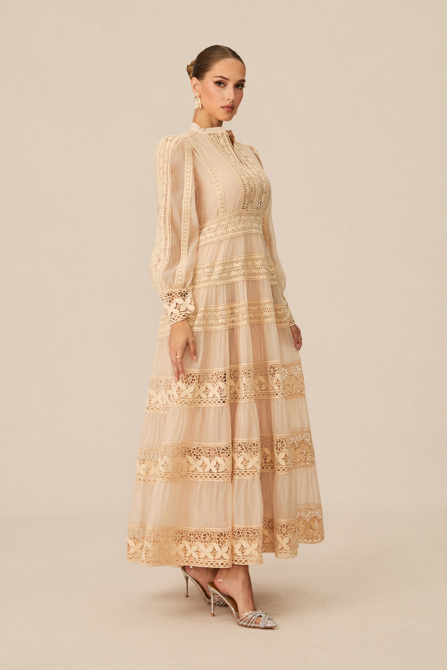 Romantic Antique Beige Embroidered Lace Maxi Dress