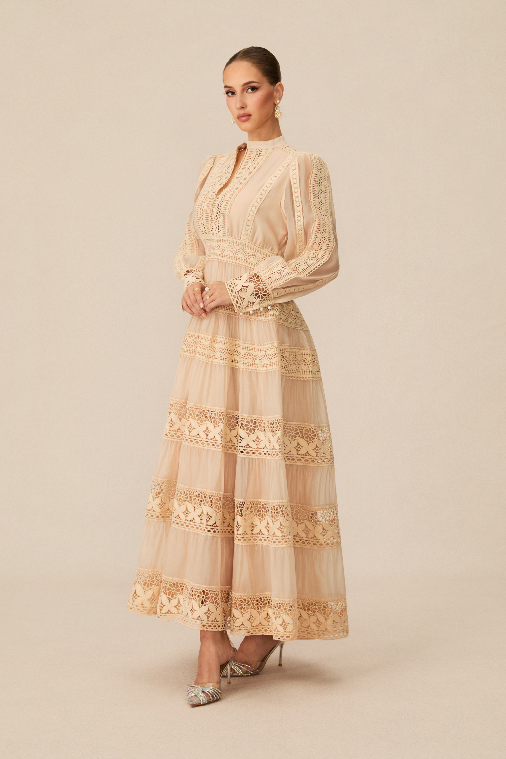 Romantic Antique Beige Embroidered Lace Maxi Dress