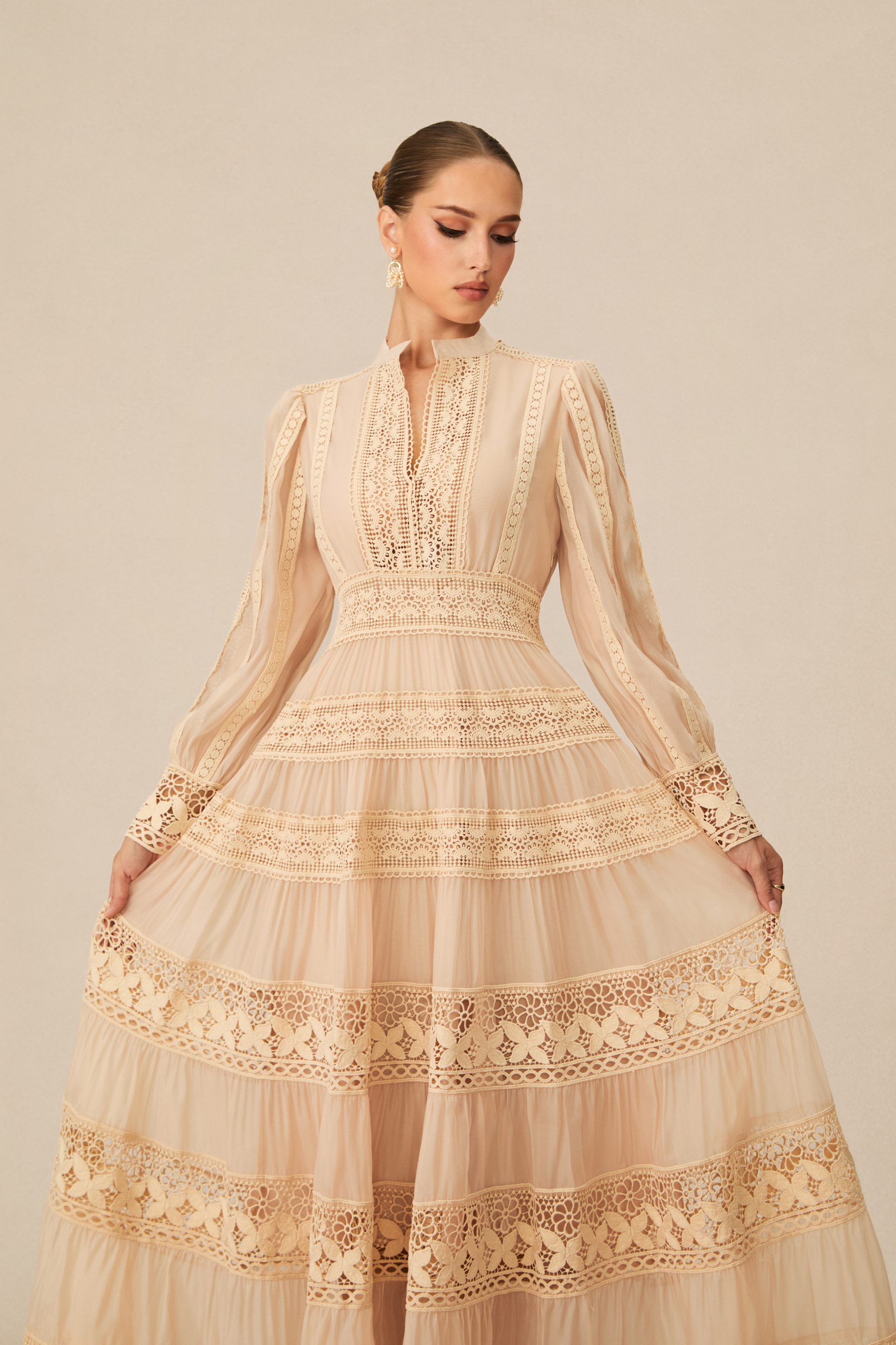 Romantic Antique Beige Embroidered Lace Maxi Dress