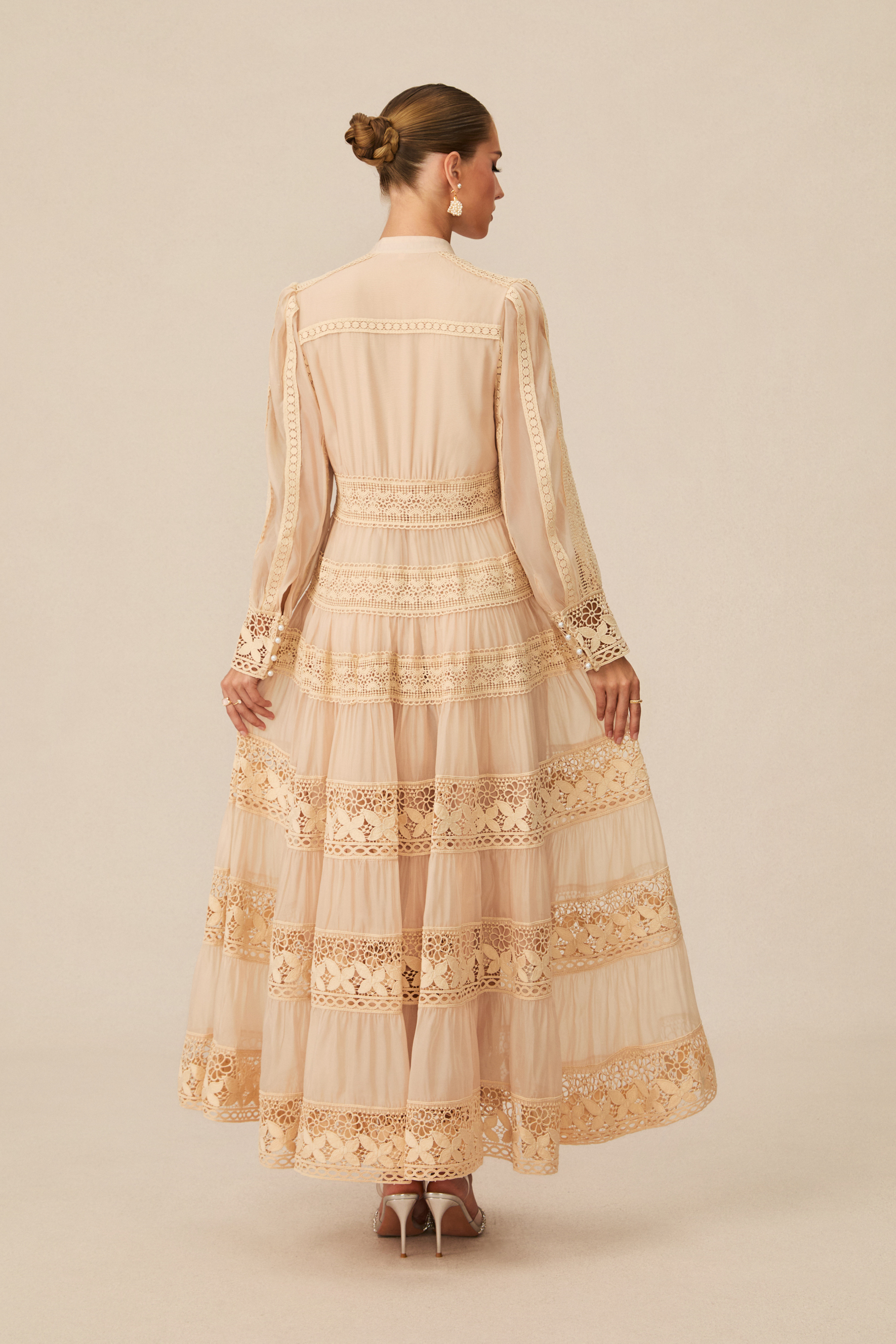 Romantic Antique Beige Embroidered Lace Maxi Dress