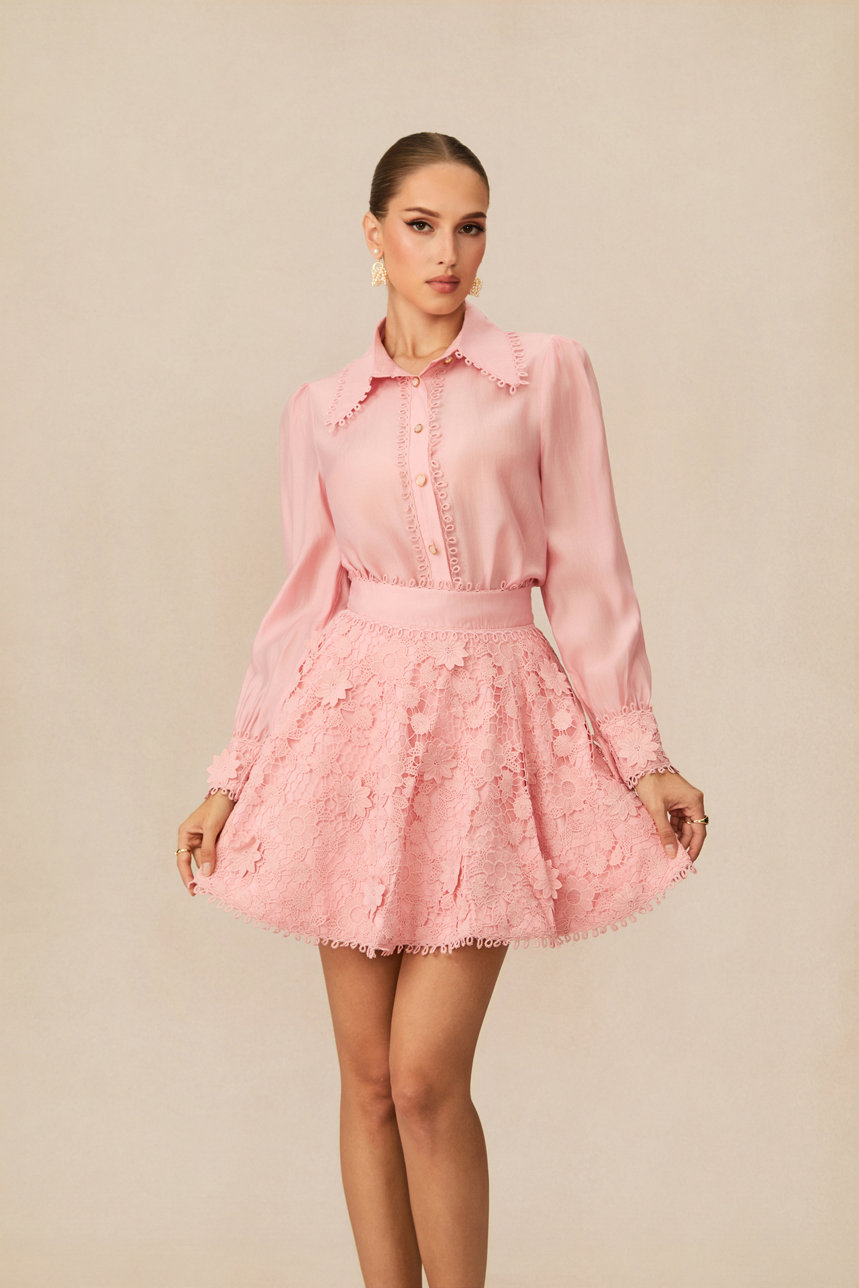 Blossom Elegance Pink Floral Lace Shirt & Skirt Set – sunfere