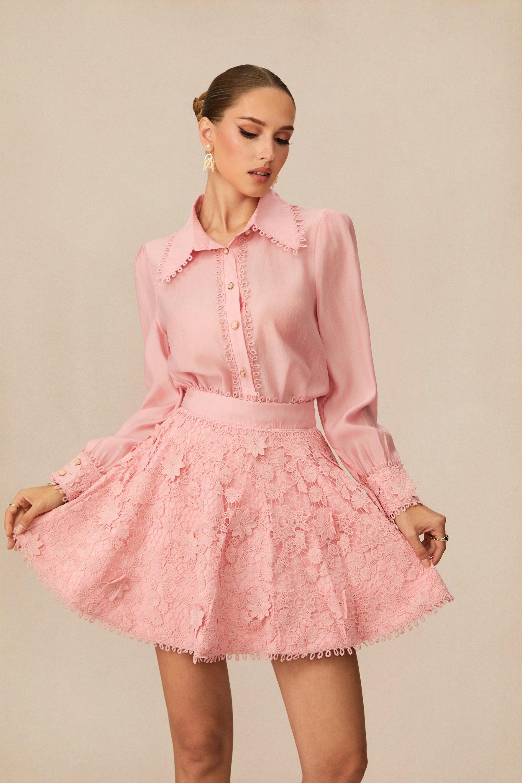 Blossom Elegance Pink Floral Lace Shirt & Skirt Set