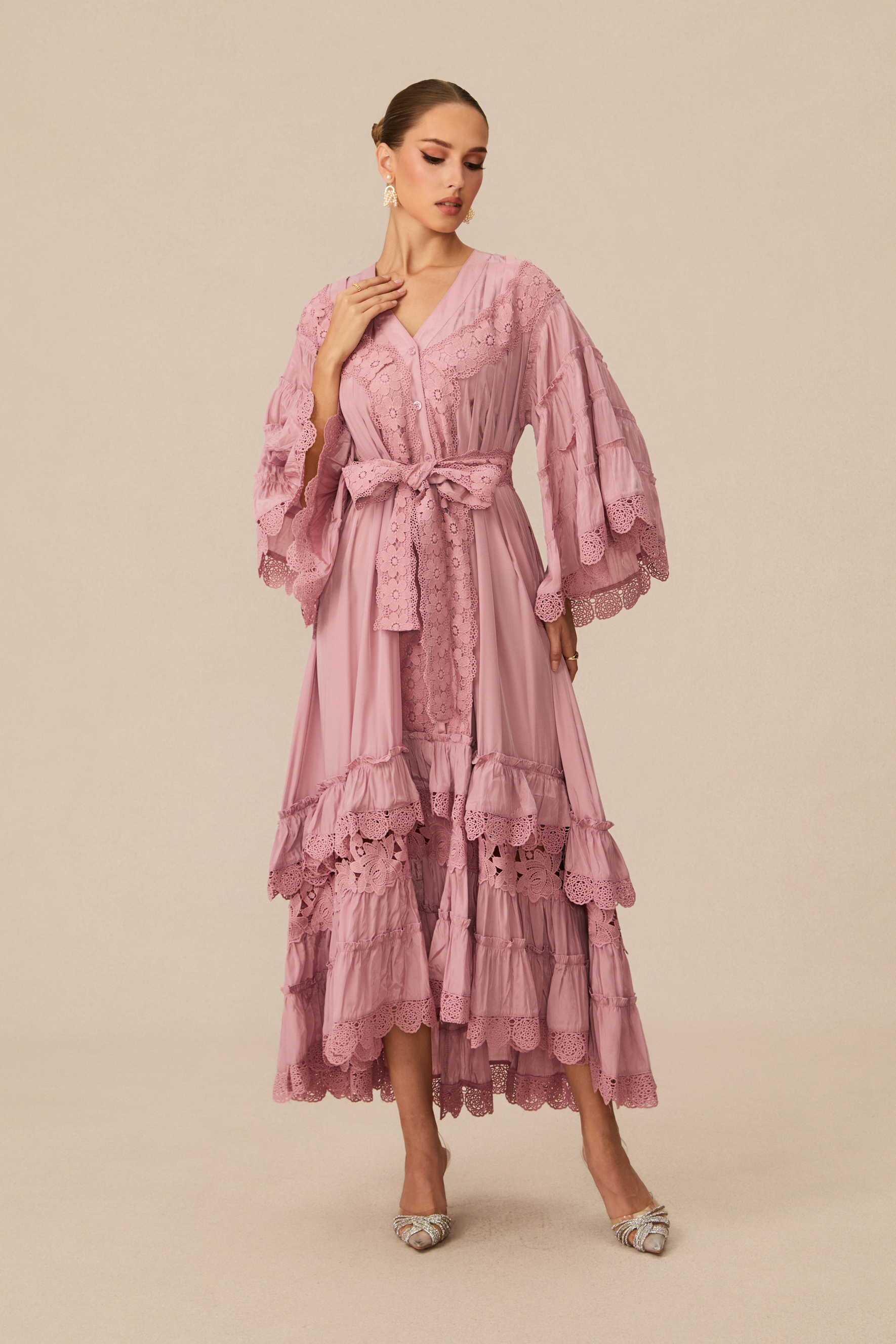 Essence Of Elegance Pink Floral Lace Tiered Midi Dress