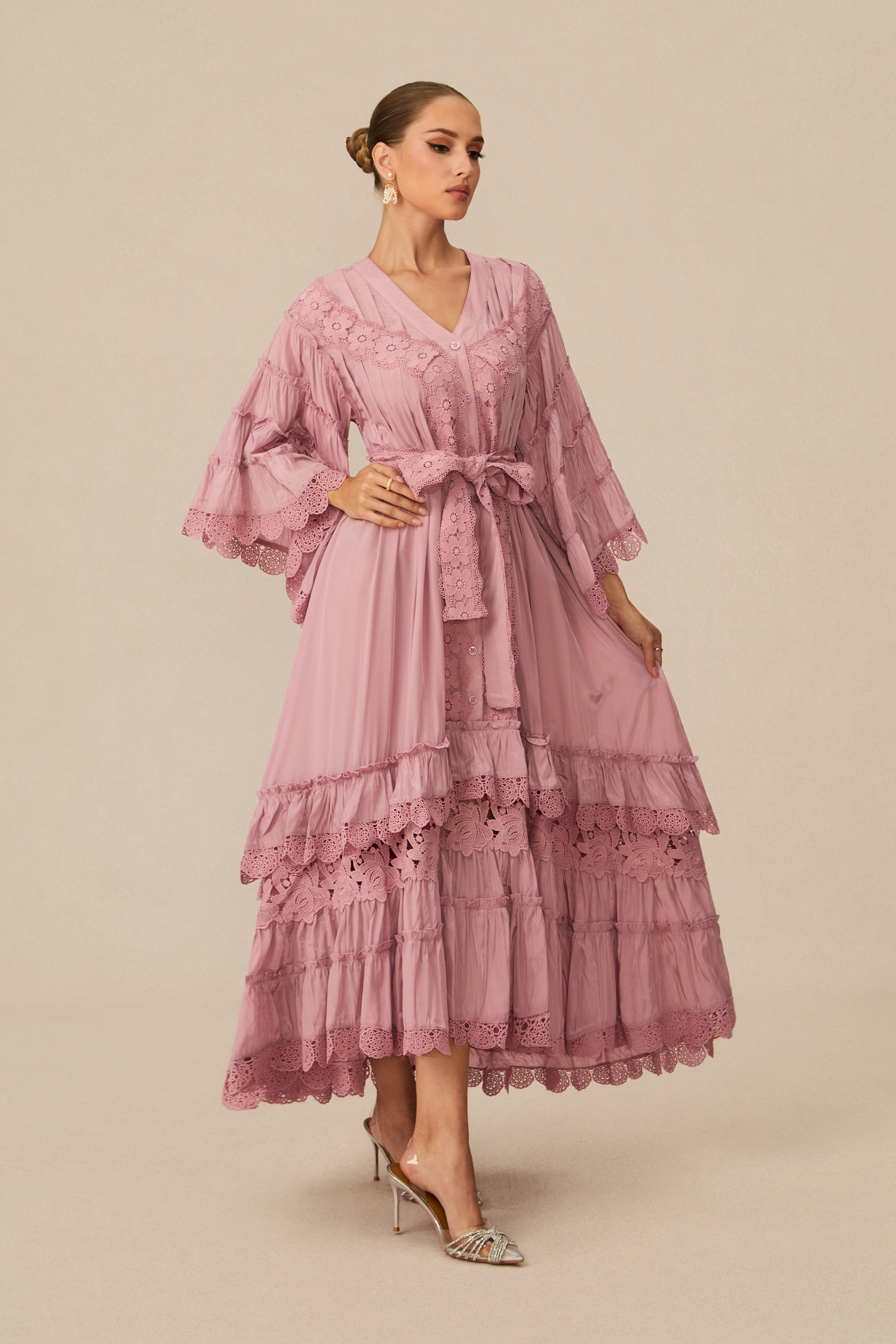 Essence Of Elegance Pink Floral Lace Tiered Midi Dress